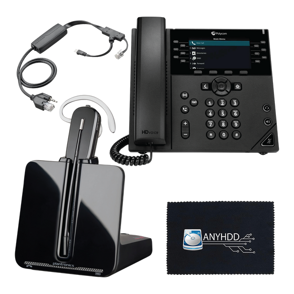 Poly VVX 450 Business IP Phone with CS540 Wireless DECT Headset + Electronic Hook Switch Cable APP-51 + Cloth