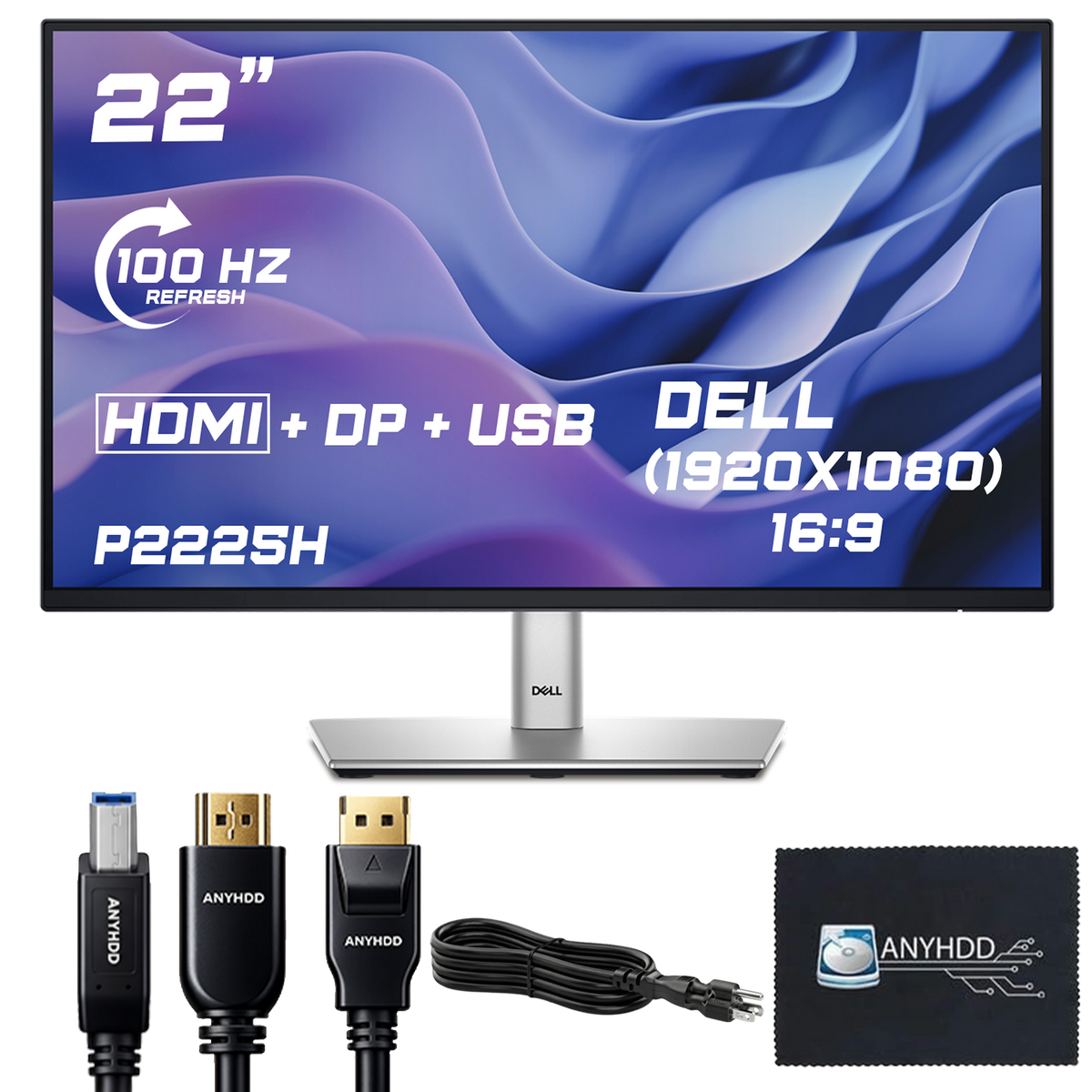 Dell P2225H 22" 16:9 IPS Computer Monitor Screen, DisplayPort cables, USB 3.0 Upstream Cable, Power Cord with ANYHDD HDMI Cable + Microfiber Cloth