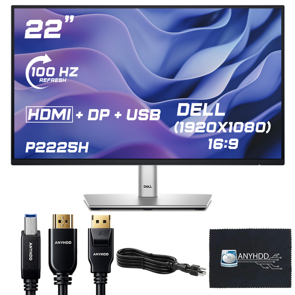 Dell P2225H 22" 16:9 IPS Computer Monitor Screen, DisplayPort cables, USB 3.0 Upstream Cable, Power Cord with ANYHDD HDMI Cable + Microfiber Cloth