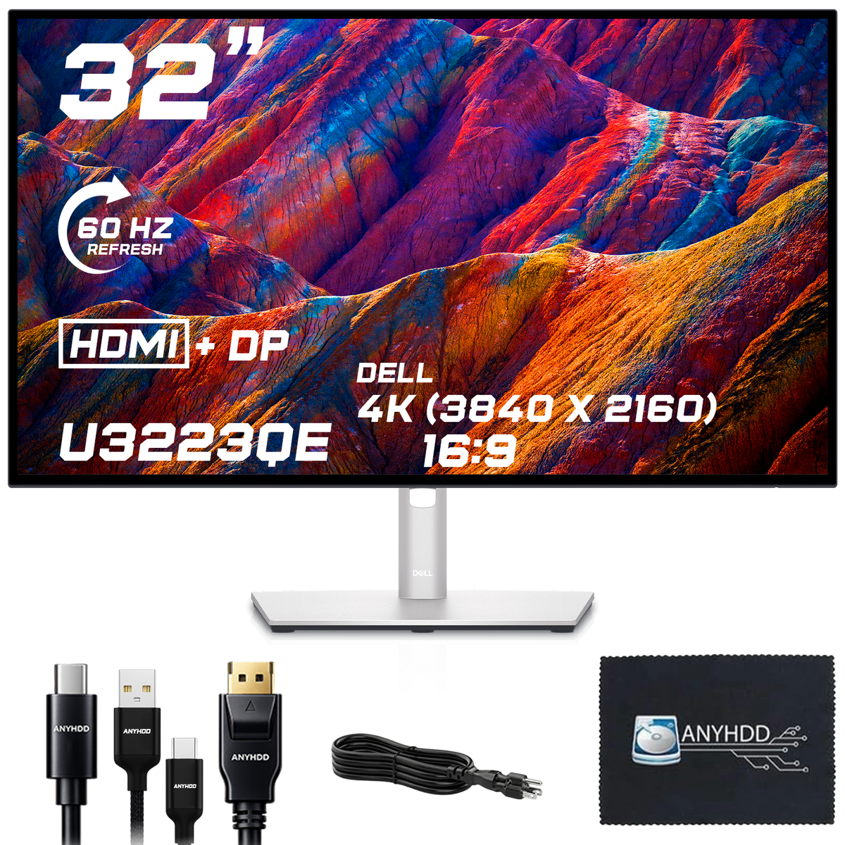 Dell UltraSharp U3223QE 32-Inch 4K UHD Monitor Bundle - 16:9 WLED LCD With Power Cord, USB Cables, DisplayPort Cable, HDMI Cable and Microfiber Cloth