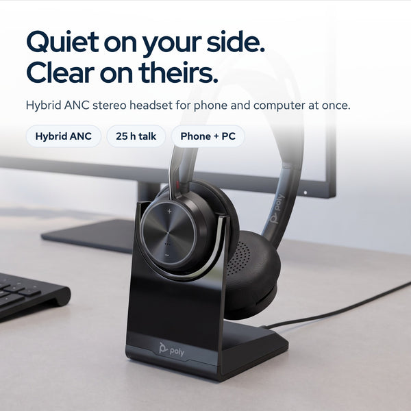 Poly Voyager Focus 2 USB‑C Wireless Headset with Charging Stand, USB‑C Adapter a: On the desk