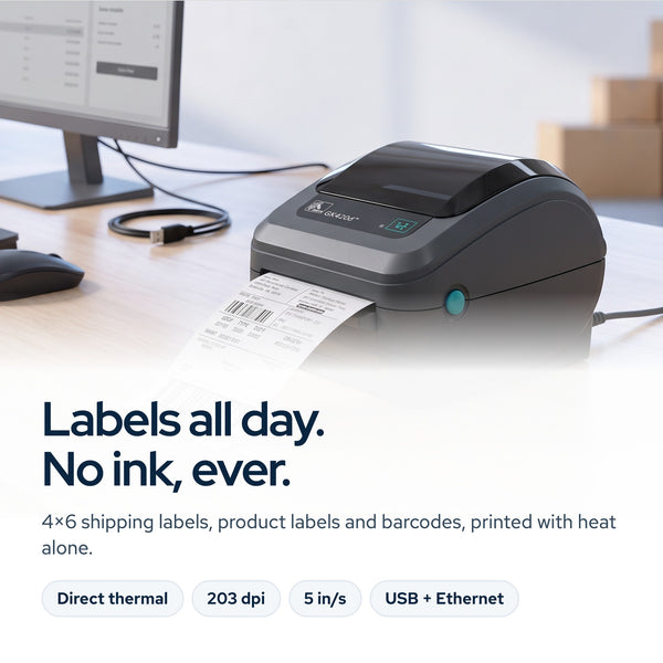 GK420D Zebra Label Printer Direct Thermal & Barcode Printer Bundle: On the desk