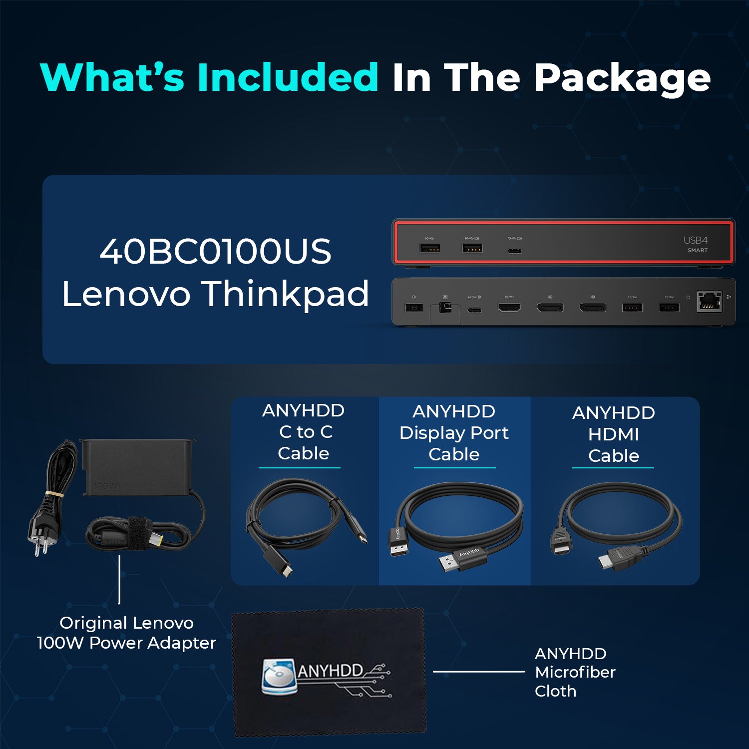 Lenovo 40BC0100US USB4 Smart Dock 5500 for Laptops with 100W Adapter, HDMI, DisplayPort, USB C Cables & Cloth - Docking Station