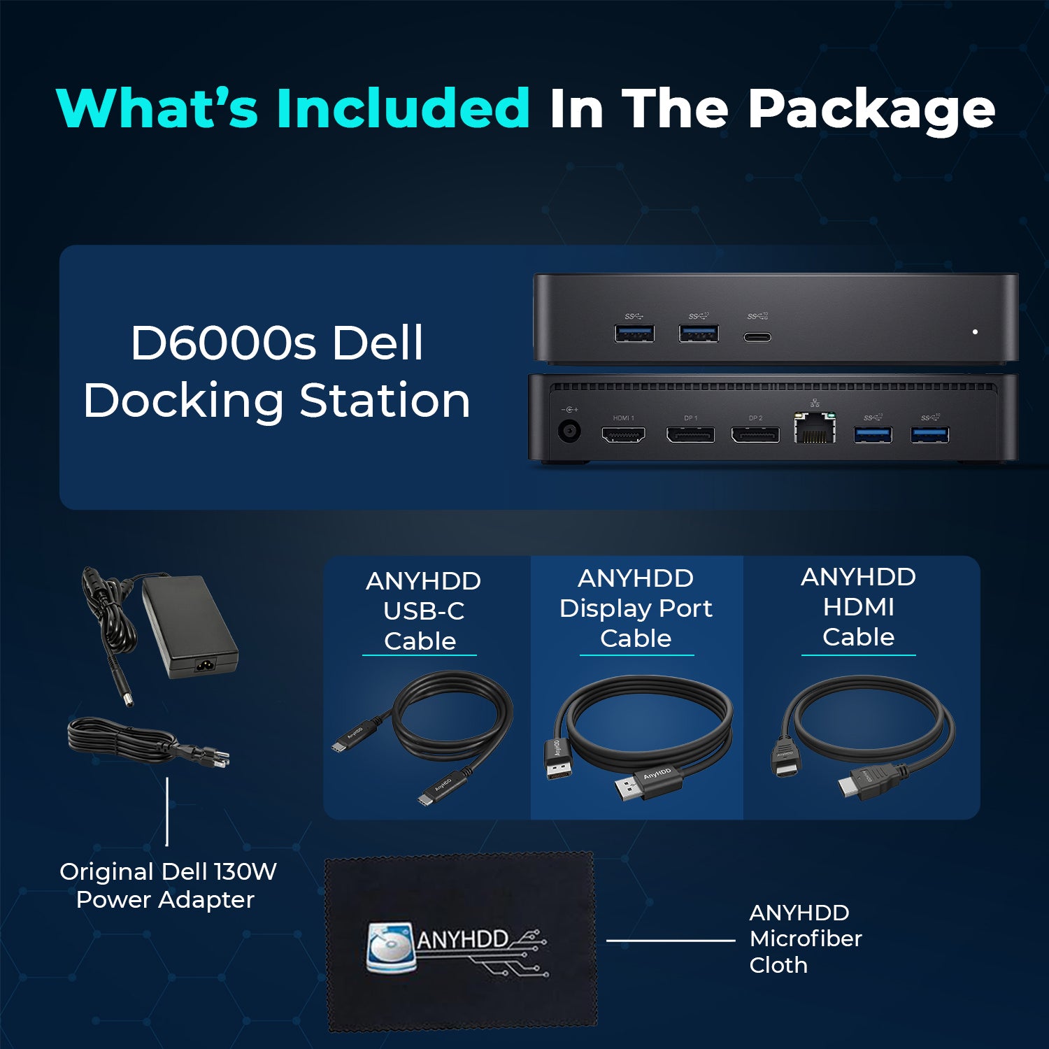 Dell D6000S Universal Docking Station - USB-C/USB-A Dock with 130W Adapter, HDMI, DisplayPort, USB-C Cables - Supports 4K Display (Renewed)