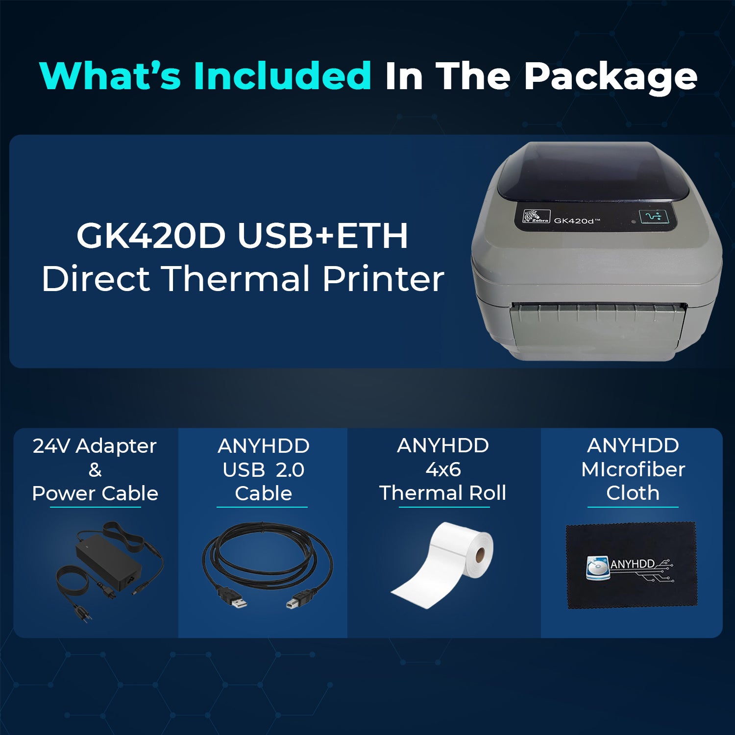 GK420D Zebra Label Printer Direct Thermal & Barcode Printer Bundle - 1 Year Warranty - Comes with 24V AC Adapter, 4x6 Label Roll, USB 2.0 Cable & Microfiber Cleaning Cloth - USB Connectivity (Renewed)