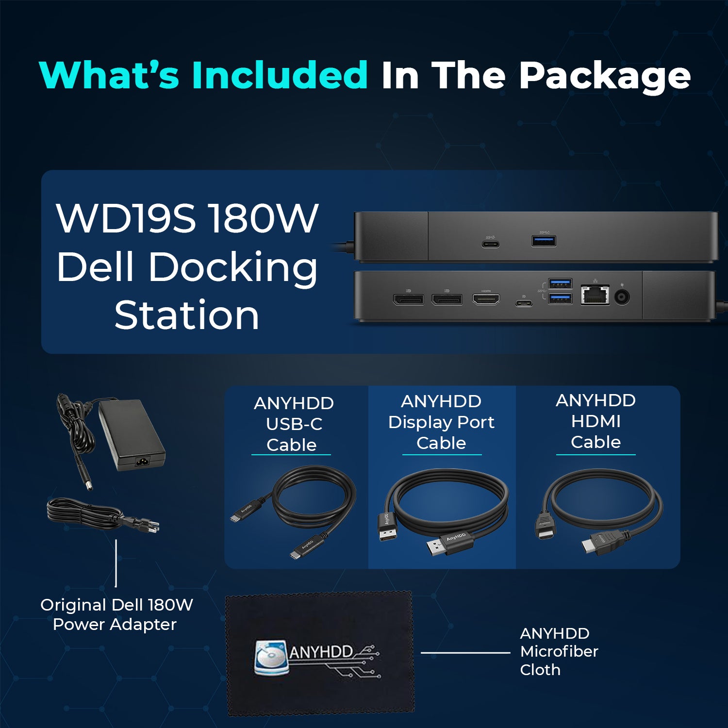 Dell WD19S 180W USB-C Docking Station Dual Monitor Bundle with HDMI and DisplayPort Cables for Productivity