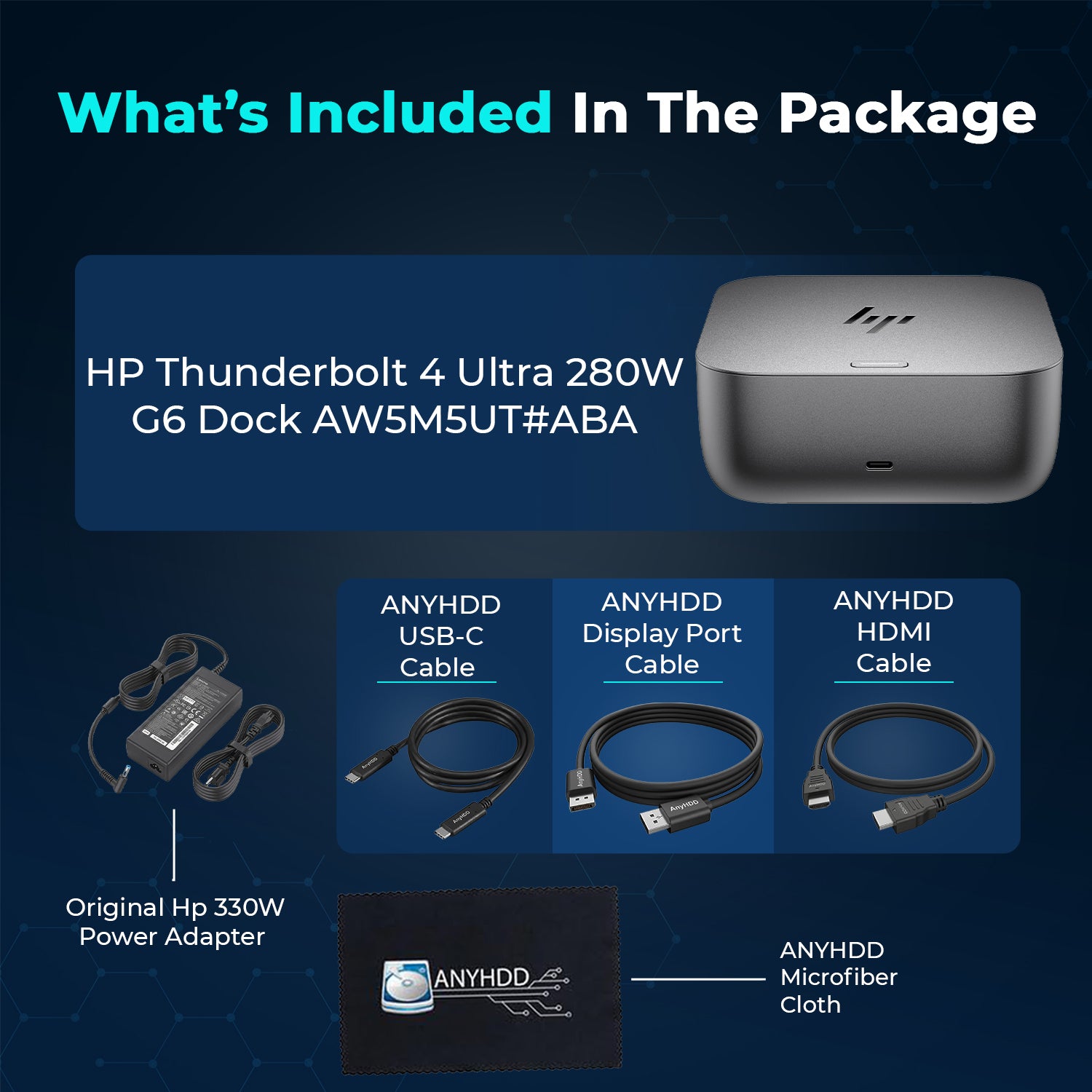 HP Thunderbolt 4 Ultra 280W G6 Docking Station, 330W, Quad Display Support, Includes USB-C Cable, HDMI Cable, DisplayPort Cable & Cleaning Cloth