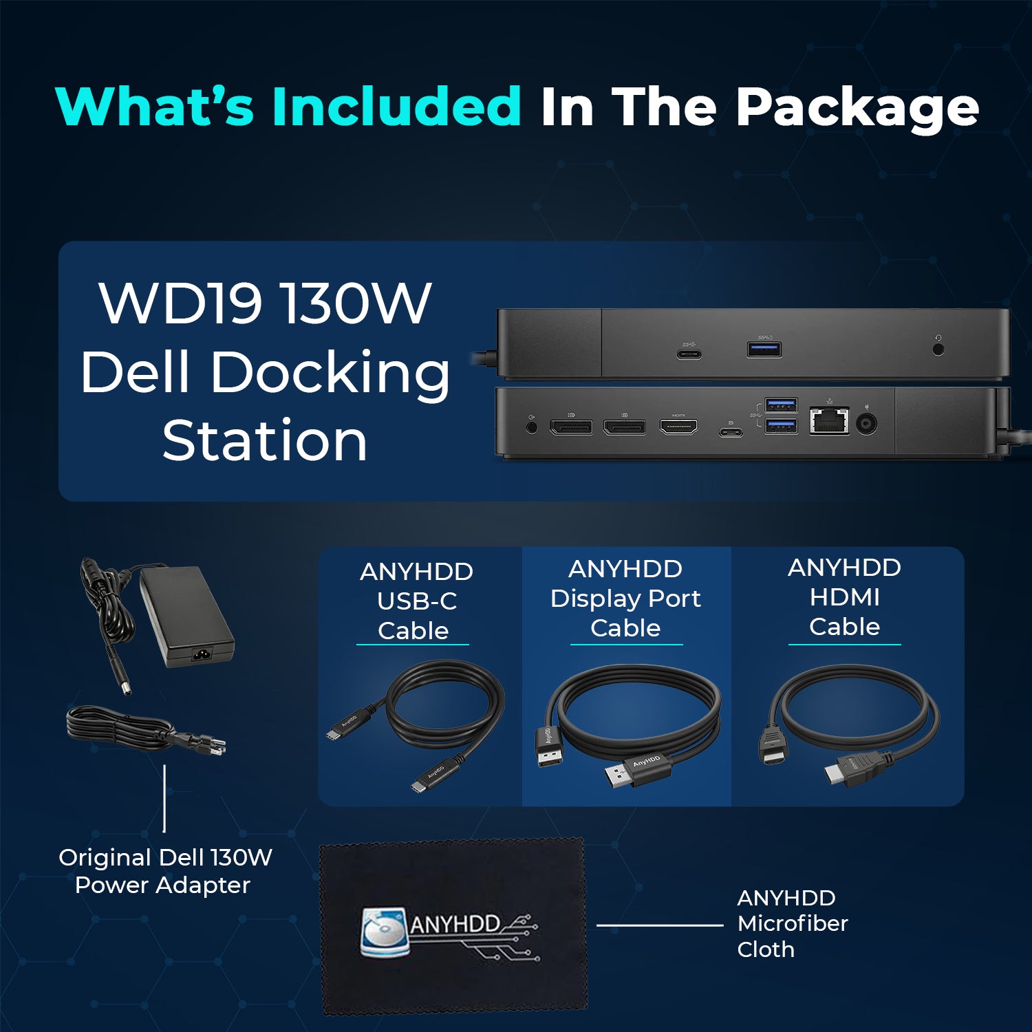 Dell WD19 130W USB-C Docking Station Bundle with Power Adapter, HDMI, DisplayPort, Ethernet & USB Connectivity