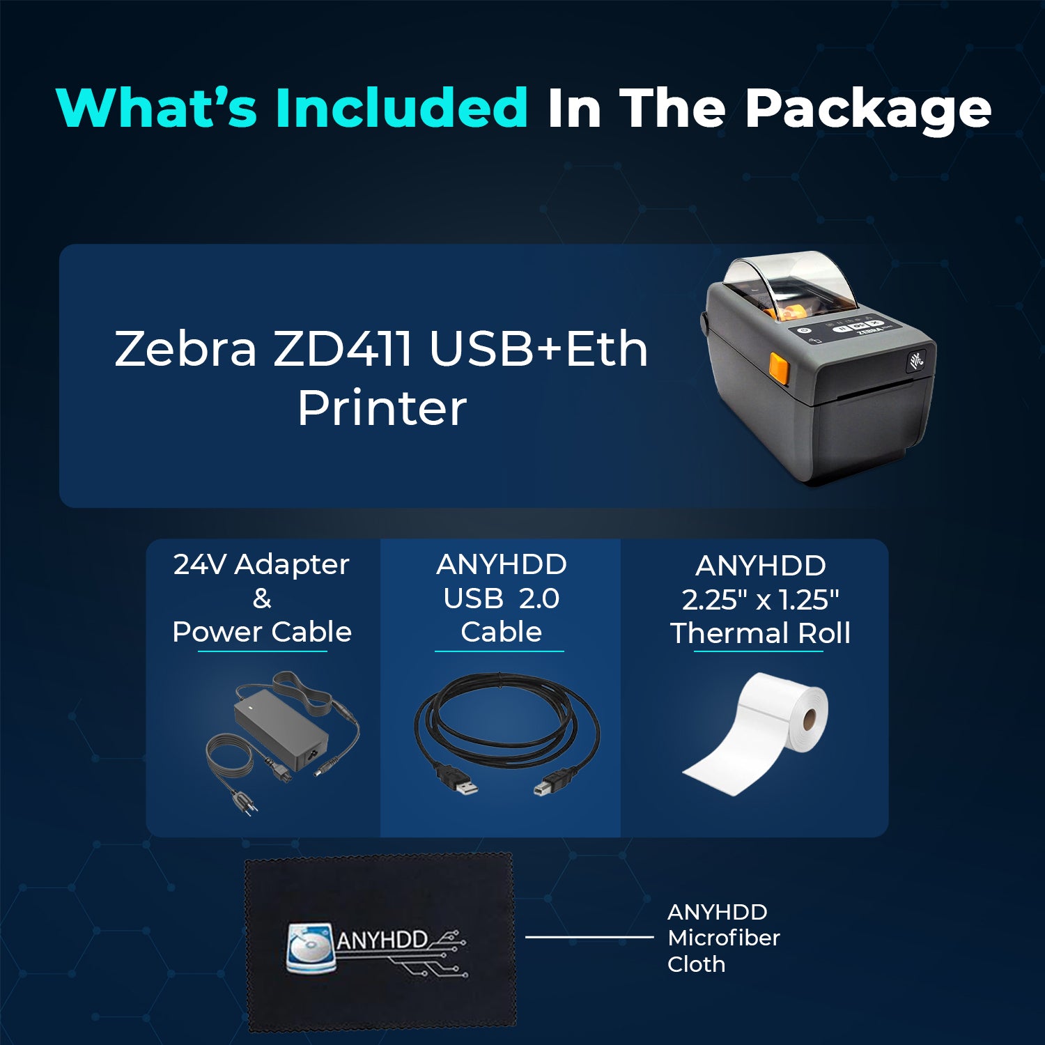 Zebra ZD411 (ZD410 Replacement) ZD4A022-D01E00EZ Ethernet Label Printer - Direct Thermal Printer with USB Host, Includes 2.25" X 1.25" Thermal Roll + Power Adapter + USB 2.0 Cable + Microfiber Cloth