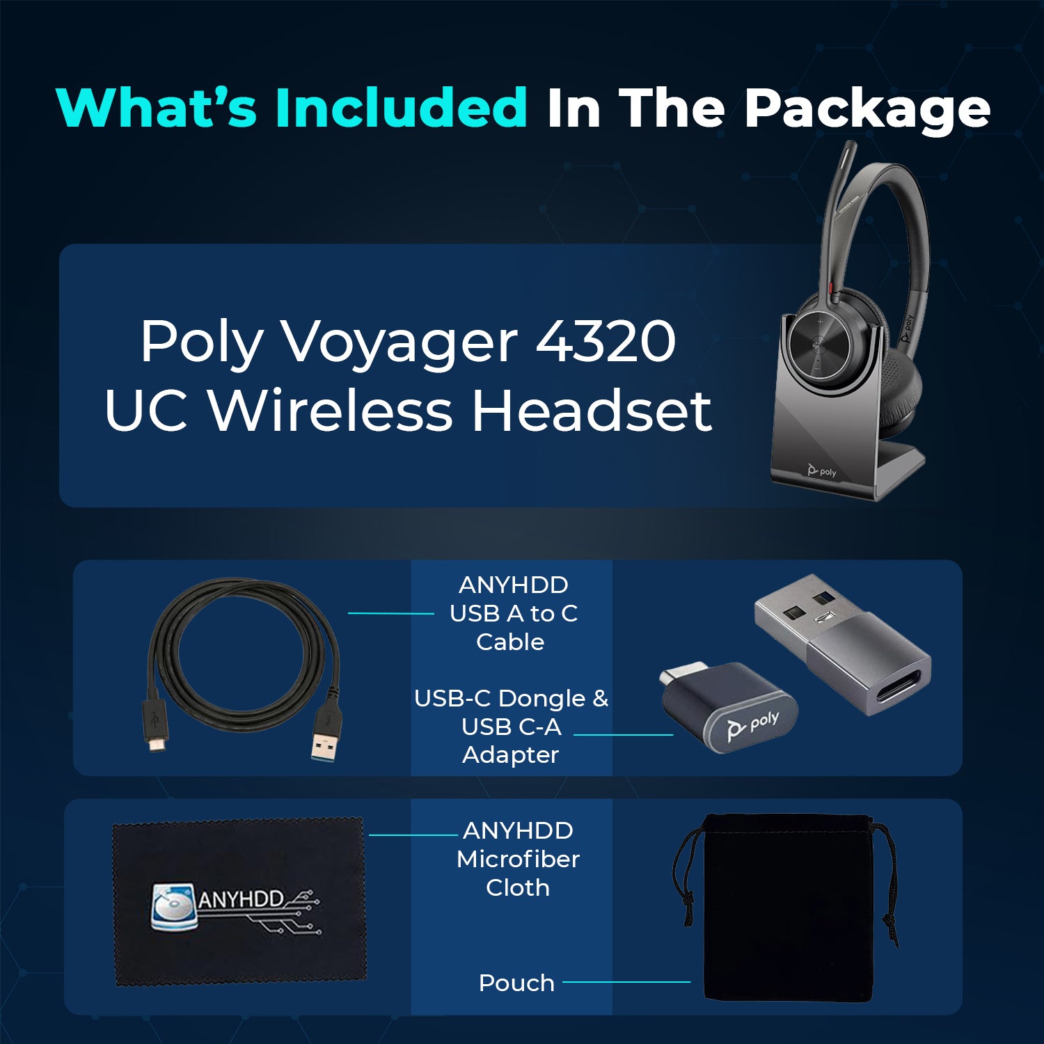 Poly Voyager 4320 UC Wireless Headset with Charge Stand, USB‑C Adapter, USB‑C/A Adapter, Bluetooth 5.2 and Noise‑Canceling Boom Mic