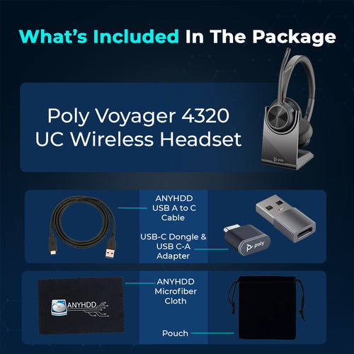Poly Voyager 4320 UC Wireless Headset with Charge Stand, USB‑C Adapter, USB‑C/A Adapter, Bluetooth 5.2 and Noise‑Canceling Boom Mic