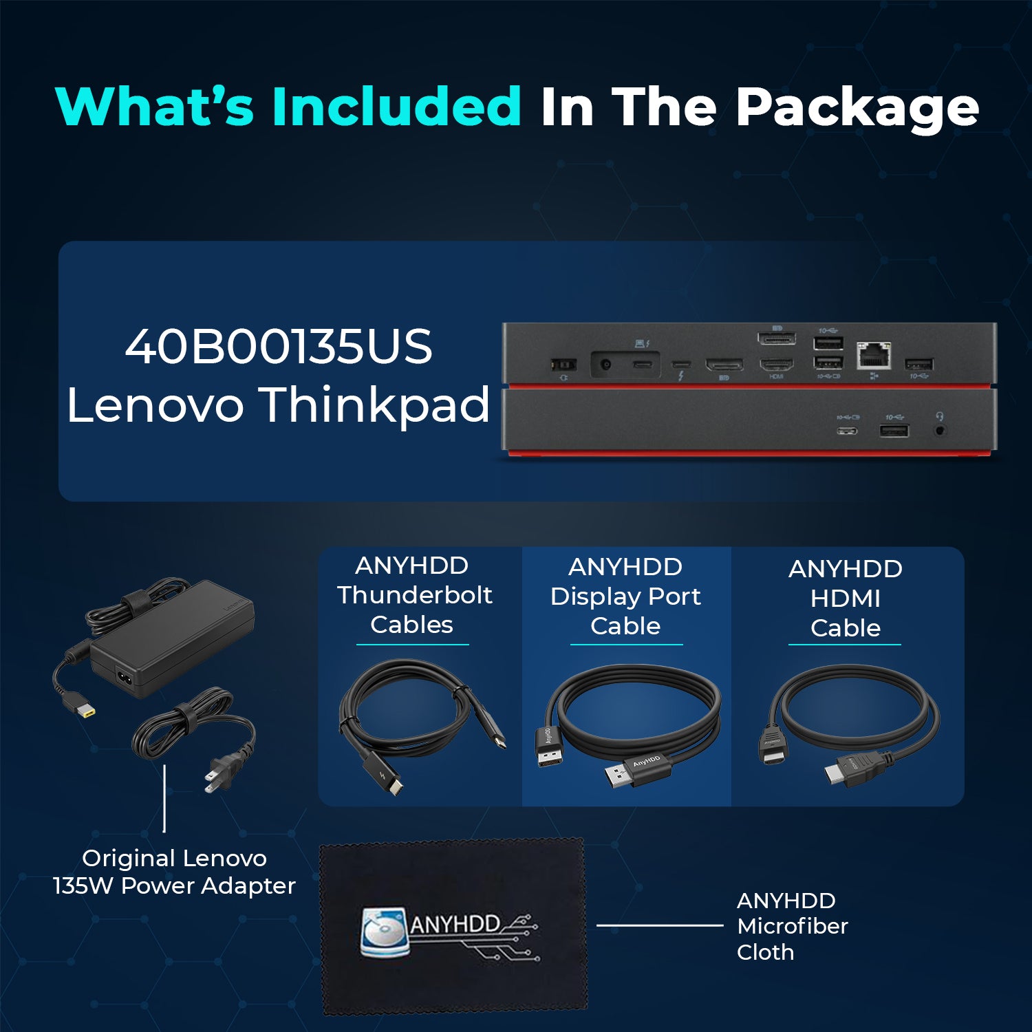 Lenovo 40B00135US Docking Station Thunderbolt 4 Dock - Universal Laptop Docking Stations with 135W Power Adapter + HDMI Cable + DisplayPort Cable + Thunderbolt Cable + Microfiber Cloth