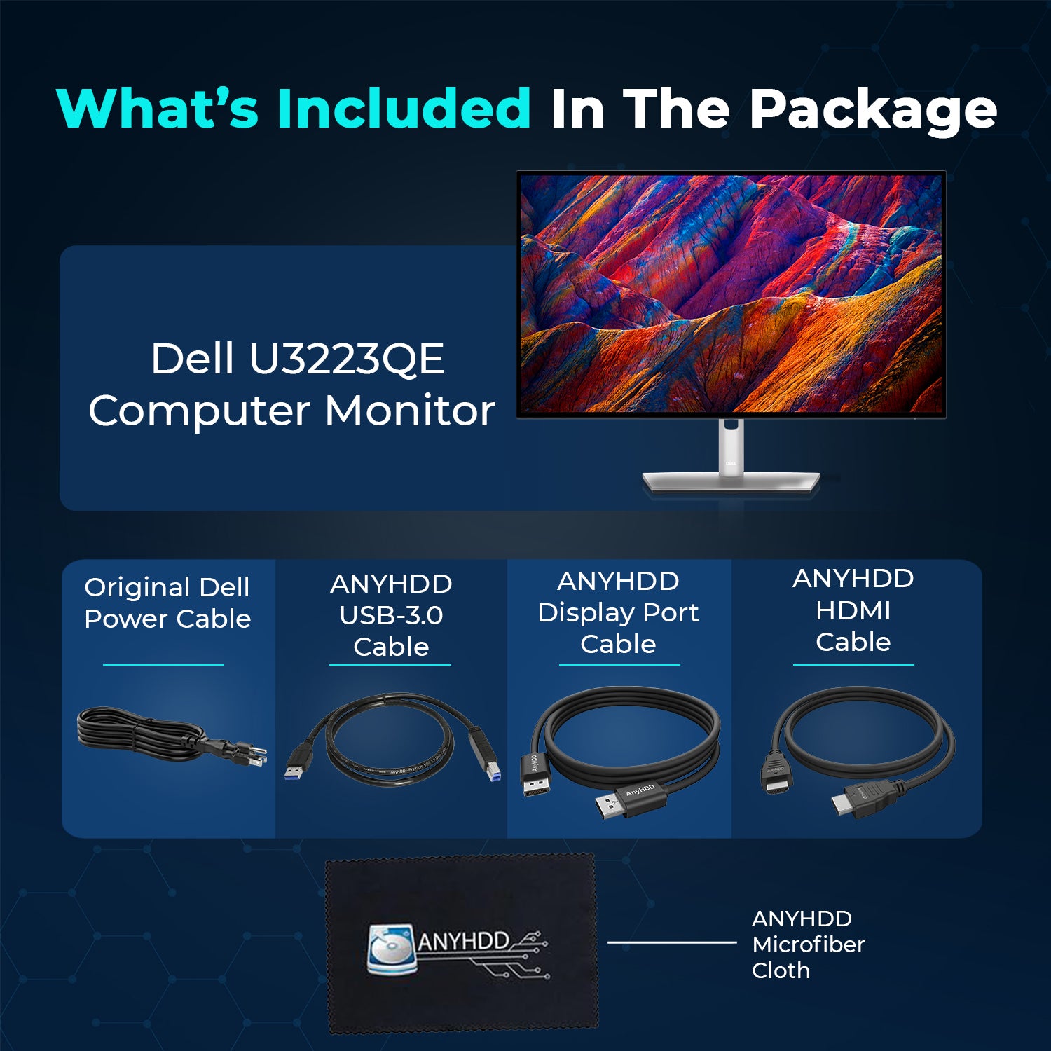 Dell UltraSharp U3223QE 32-Inch 4K UHD Monitor Bundle - 16:9 WLED LCD With Power Cord, USB Cables, DisplayPort Cable, HDMI Cable and Microfiber Cloth