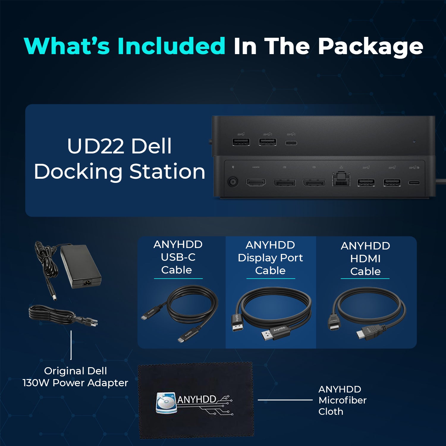 UD22 dell docking station dual monitor bundle usb c usb a universal dell dock for laptops comes with 130w adapter anyhdd hdmi displayport usb c cables cloth supports dual triple 4 monitors