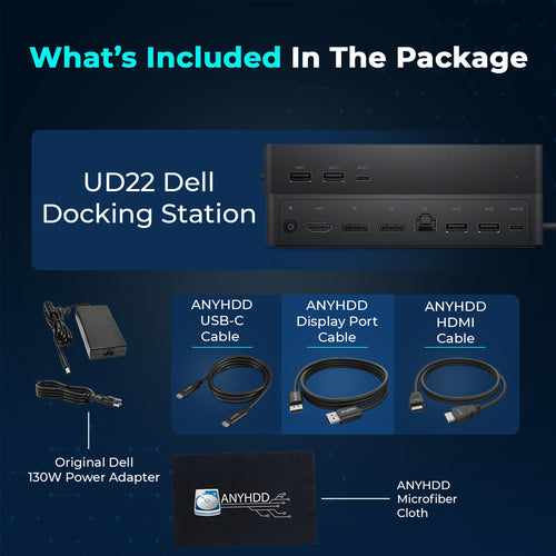 UD22 dell docking station dual monitor bundle usb c usb a universal dell dock for laptops comes with 130w adapter anyhdd hdmi displayport usb c cables cloth supports dual triple 4 monitors