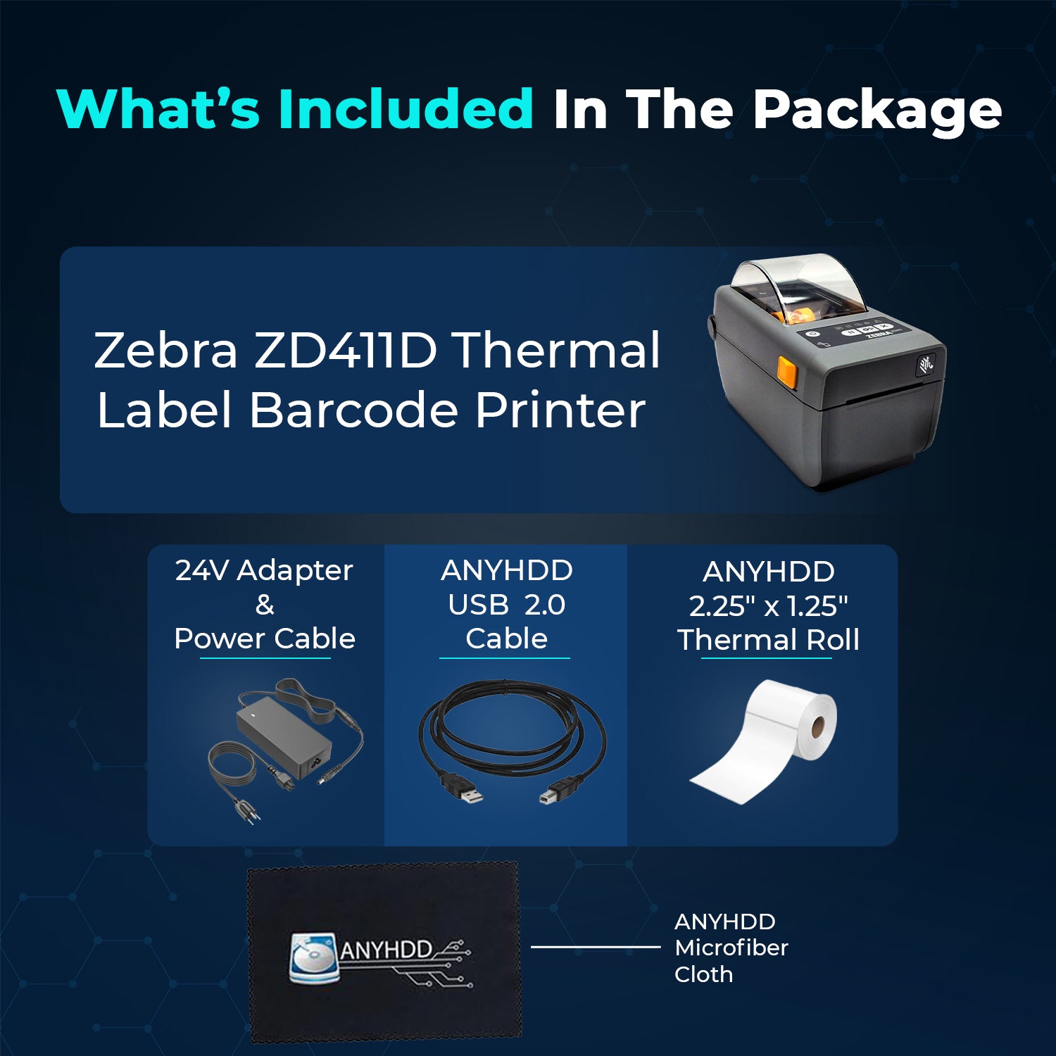 Zebra Label Printer ZD411 (ZD410 Replacement) ZD4A022-D01M00EZ - Direct Thermal Printer, USB Host, Includes 2.25" X 1.25" Thermal Roll + Power Adapter + USB 2.0 Cable + Microfiber Cloth