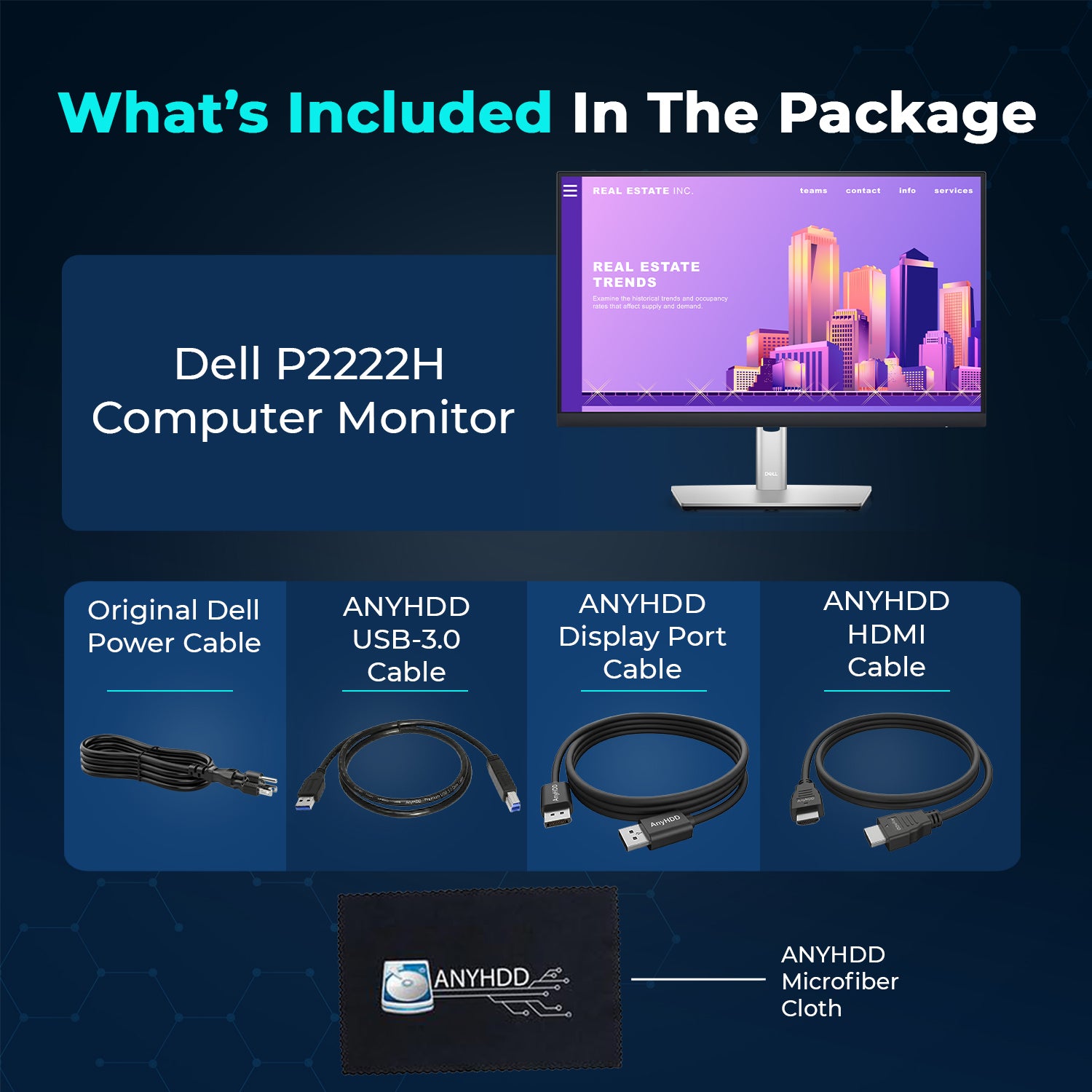 Dell P2222H 22" 1920 x 1080 Full HD 16:9 IPS Display - Computer Monitor Screen Bundle with Power Cord + USB 3.0 Upstream Cable + Display Port Cable + HDMI Cable + Microfiber Cloth - New Model