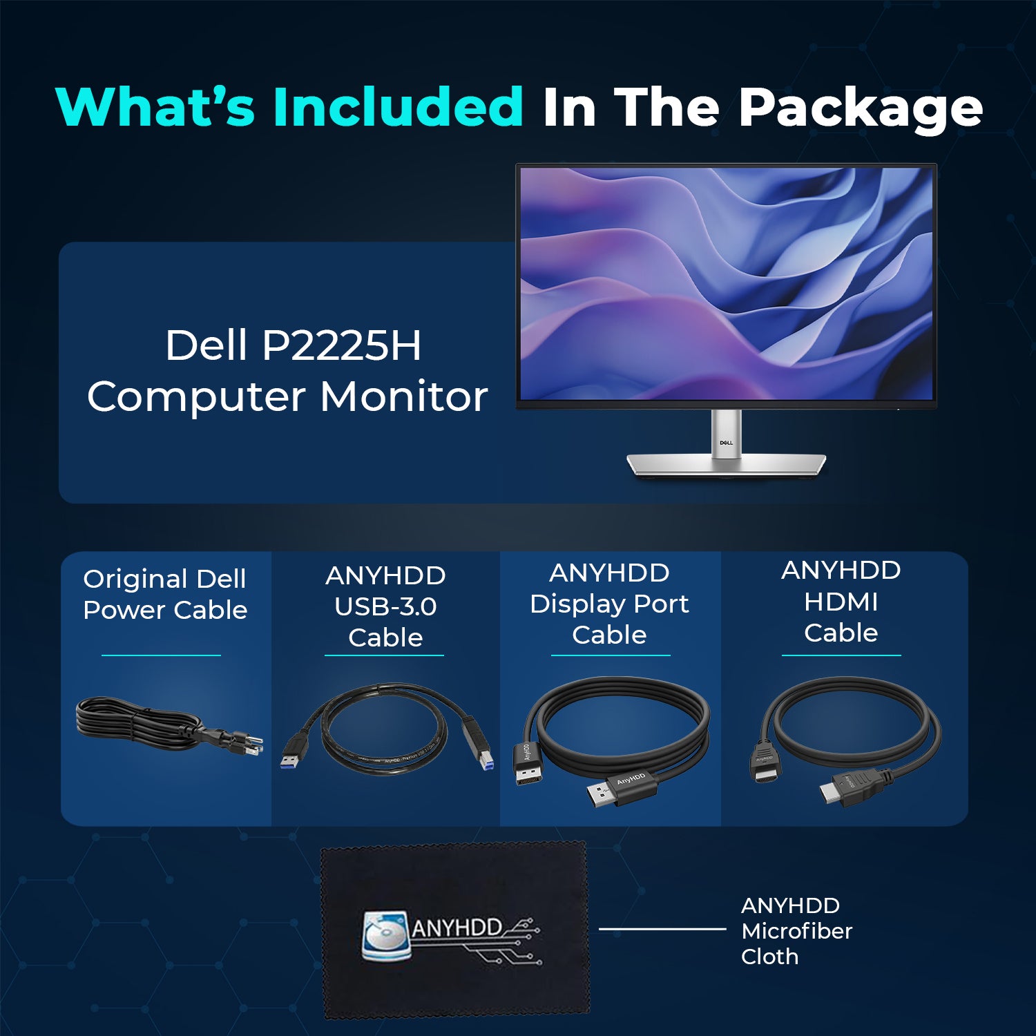 Dell P2225H 22" 16:9 IPS Computer Monitor Screen, DisplayPort cables, USB 3.0 Upstream Cable, Power Cord with ANYHDD HDMI Cable + Microfiber Cloth