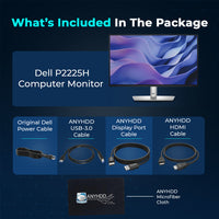 Dell P2225H 22" 16:9 IPS Computer Monitor Screen, DisplayPort cables, USB 3.0 Upstream Cable, Power Cord with ANYHDD HDMI Cable + Microfiber Cloth
