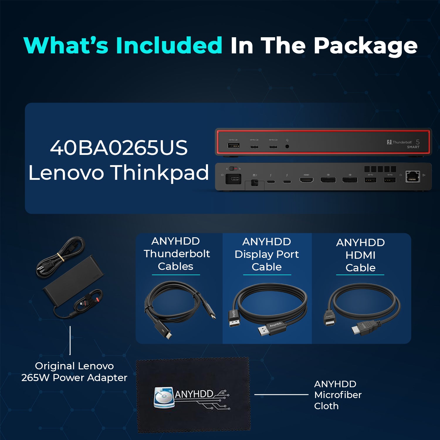 Lenovo 40BA0265US Thunderbolt 4 Docking Station 40Gbps 180W USB Power Delivery with 265W Adapter, HDMI, DisplayPort, Thunderbolt Cables & Cloth - Docking Station