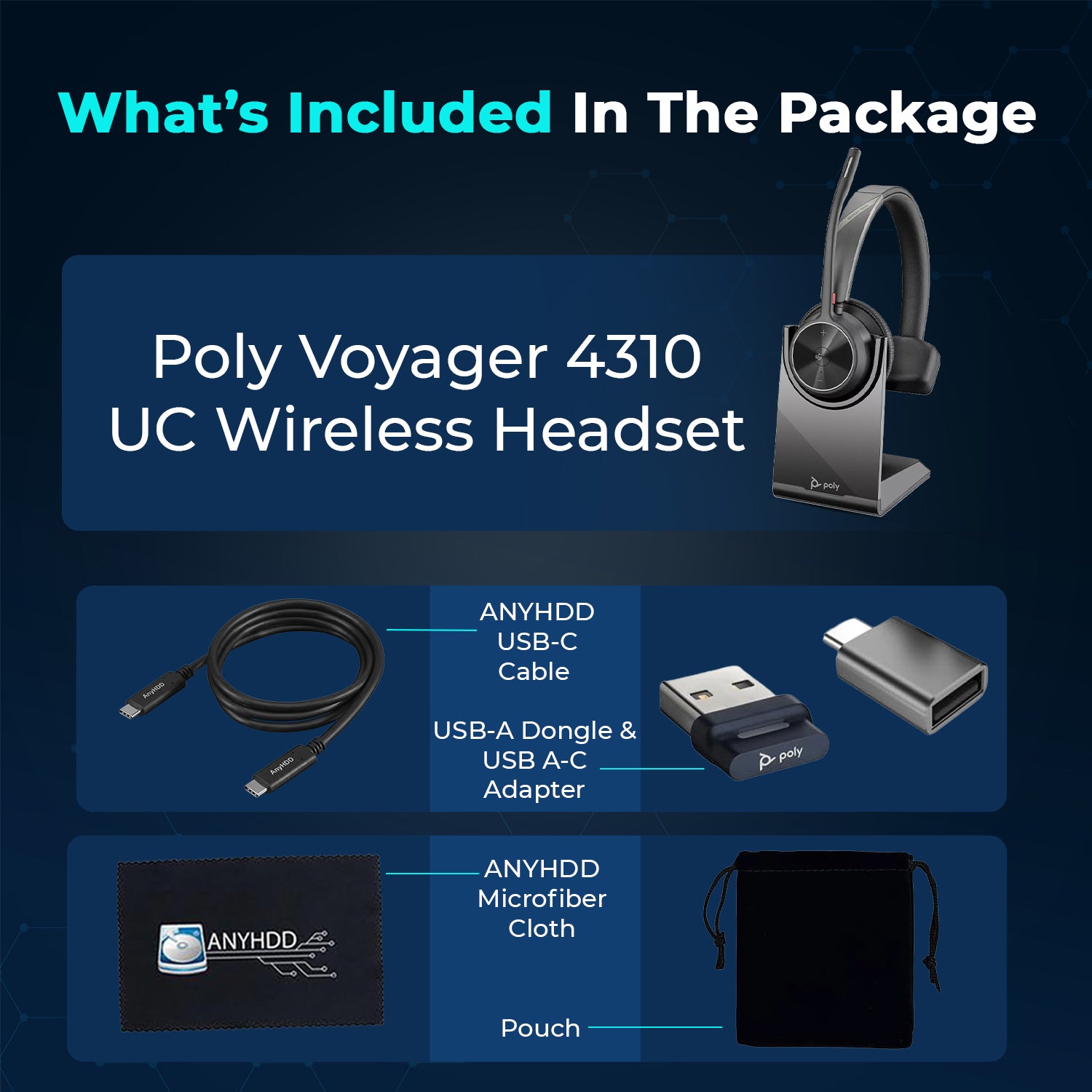 Poly Voyager 4310 UC Wireless Headset with Charging Stand, USB‑A to C Adapter, USB‑C Cable & Microfiber Cloth – Single‑Ear Bluetooth Headset