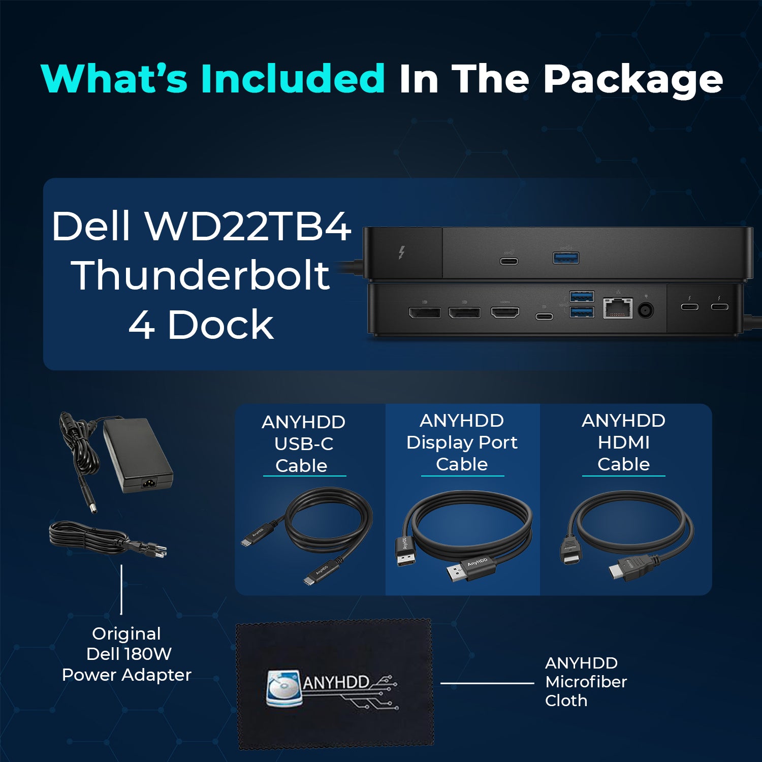 Dell WD22TB4 Thunderbolt 4 Dock Bundle - 40Gbps USB-C/USB-A, 3 Year Warranty with 180W Adapter, Anyhdd HDMI, DP, USB-C Cable & Cloth - Docking Station, Supports Dual/Triple Monitors & 4k Display