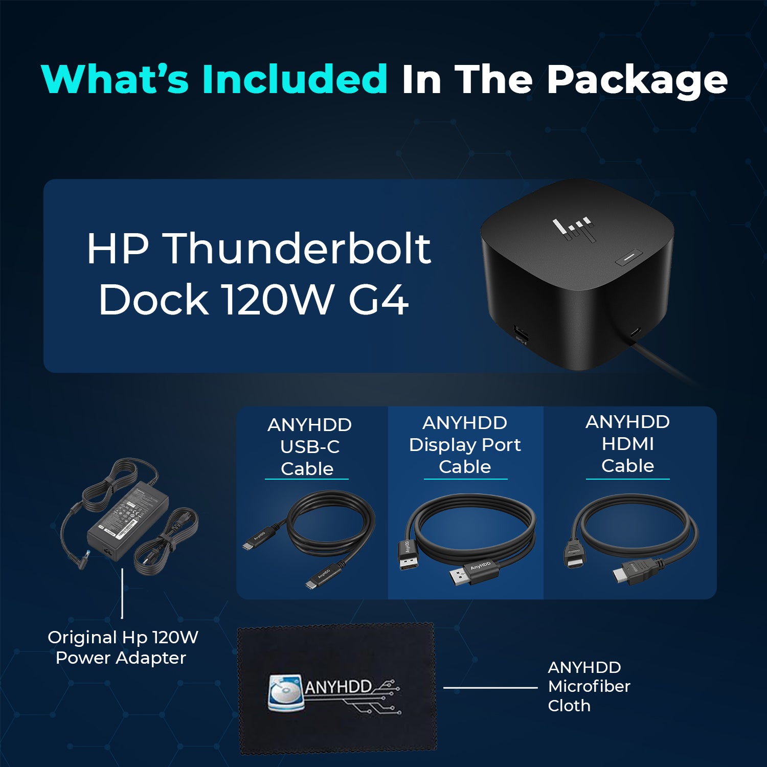 HP thunderbolt G4 4J0A2AA#ABA Docking Station for Laptop Dual Monitor and Charging Bundle - USB-C Dock 4J0A2AA#ABA with 120W Adapter + HDMI Cable + DisplayPort Cable + USB-C Cable + Microfiber Cloth (Renewed)