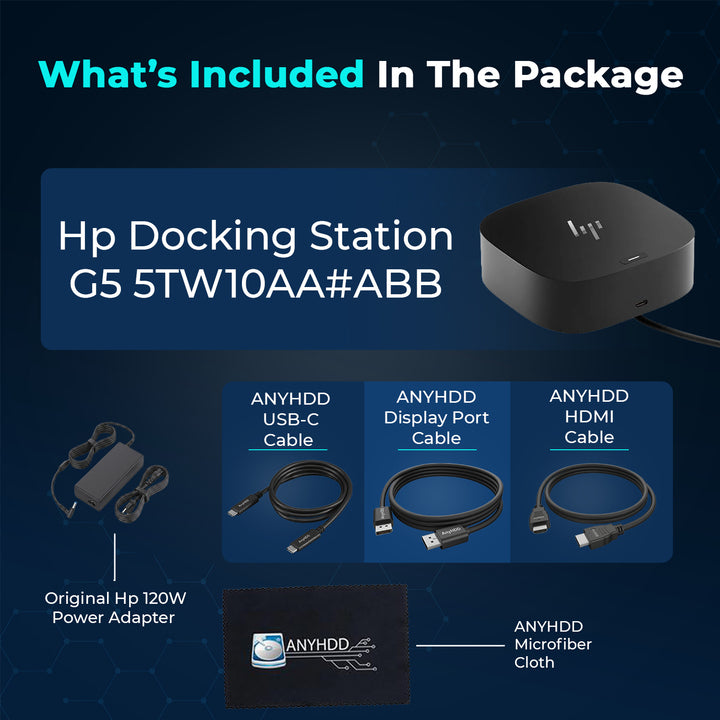 HP USB-C G5 Docking Station 5TW10AA#ABB with 120W Adapter, HDMI & DisplayPort Cables for Dual Monitor Support