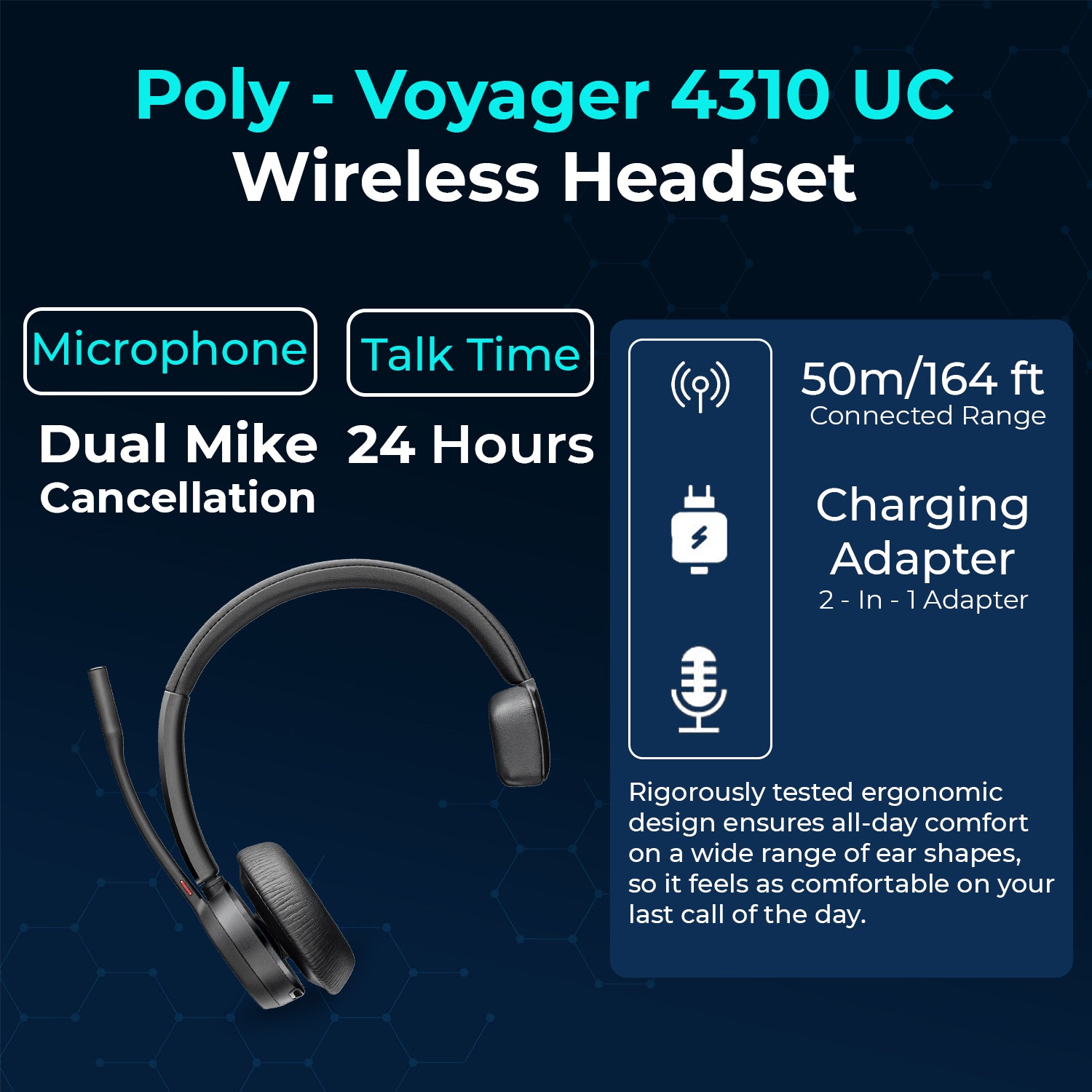 Poly Voyager 4310 UC Wireless Headset with Charging Stand, USB‑A to C Adapter, USB‑C Cable & Microfiber Cloth – Single‑Ear Bluetooth Headset