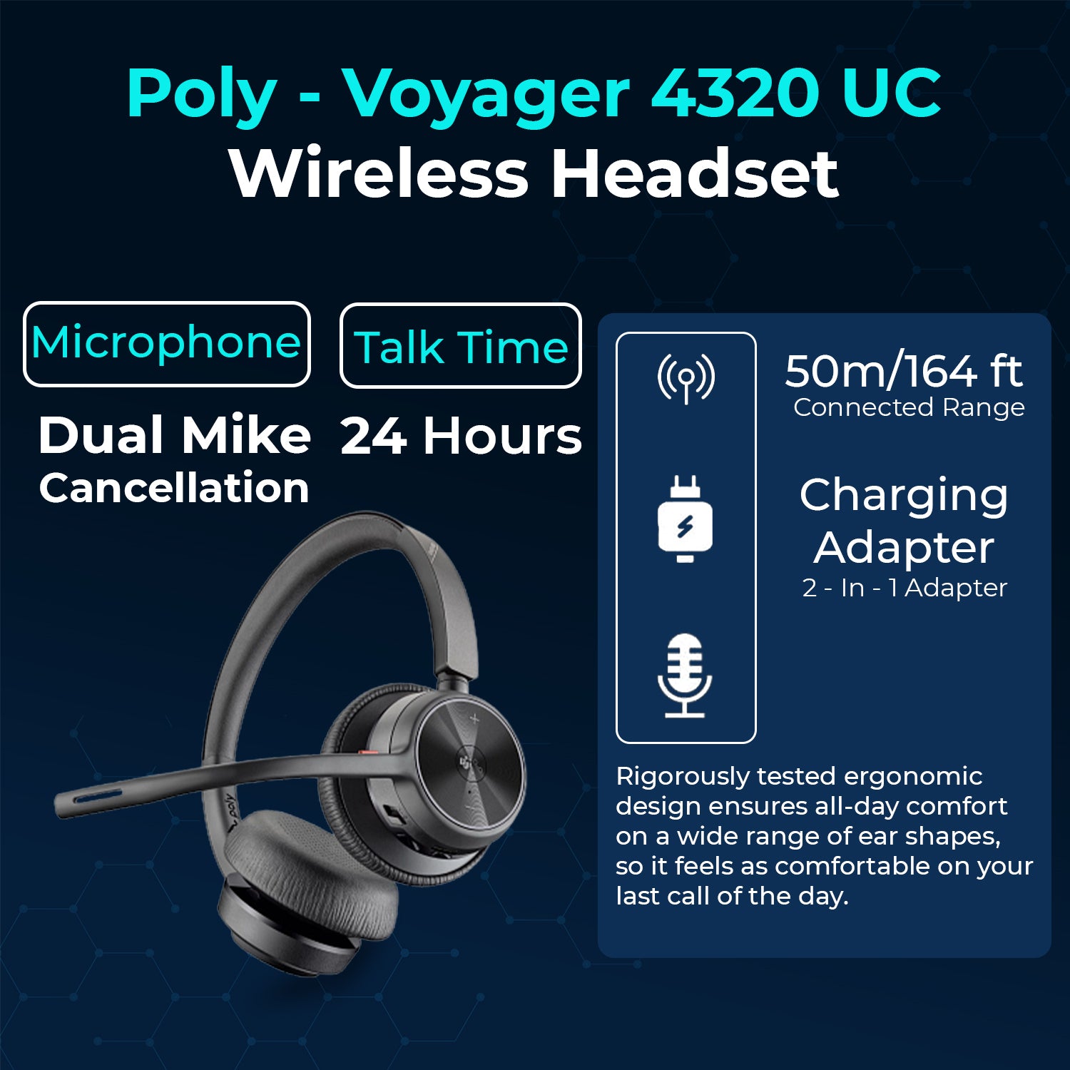 Poly Voyager 4320 UC Wireless Headset with Charge Stand, USB‑C Adapter, USB‑C/A Adapter, Bluetooth 5.2 and Noise‑Canceling Boom Mic