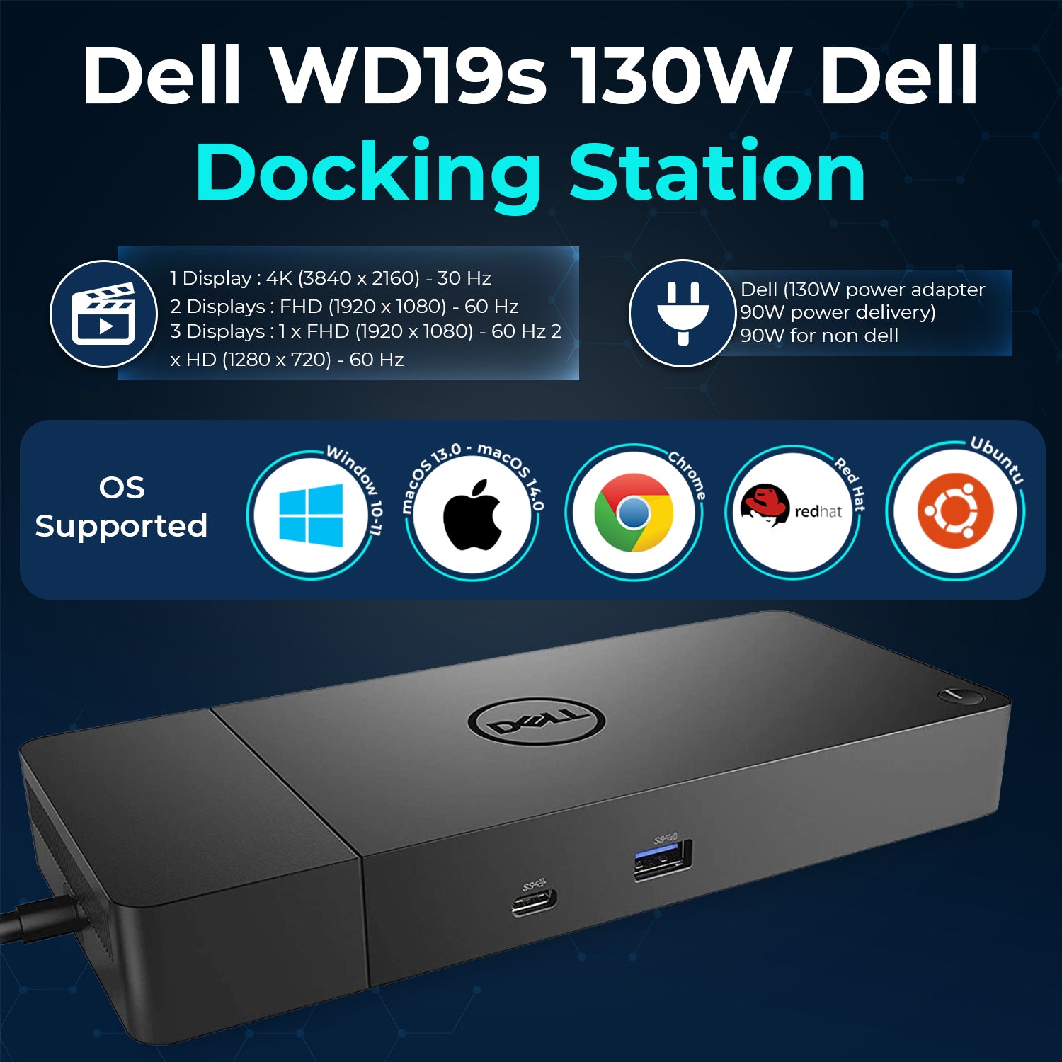Dell WD19S USB-C Docking Station with 130W Power Adapter, Dual Display Support, HDMI, DisplayPort & Ethernet Connectivity