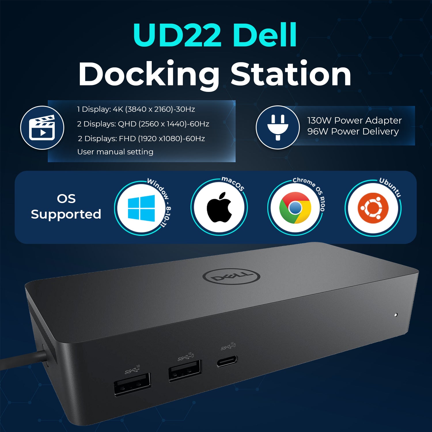 UD22 dell docking station dual monitor bundle usb c usb a universal dell dock for laptops comes with 130w adapter anyhdd hdmi displayport usb c cables cloth supports dual triple 4 monitors