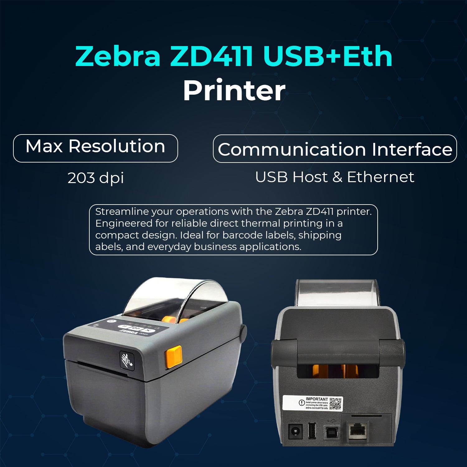 Zebra ZD411 (ZD410 Replacement) ZD4A022-D01E00EZ Ethernet Label Printer - Direct Thermal Printer with USB Host, Includes 2.25" X 1.25" Thermal Roll + Power Adapter + USB 2.0 Cable + Microfiber Cloth
