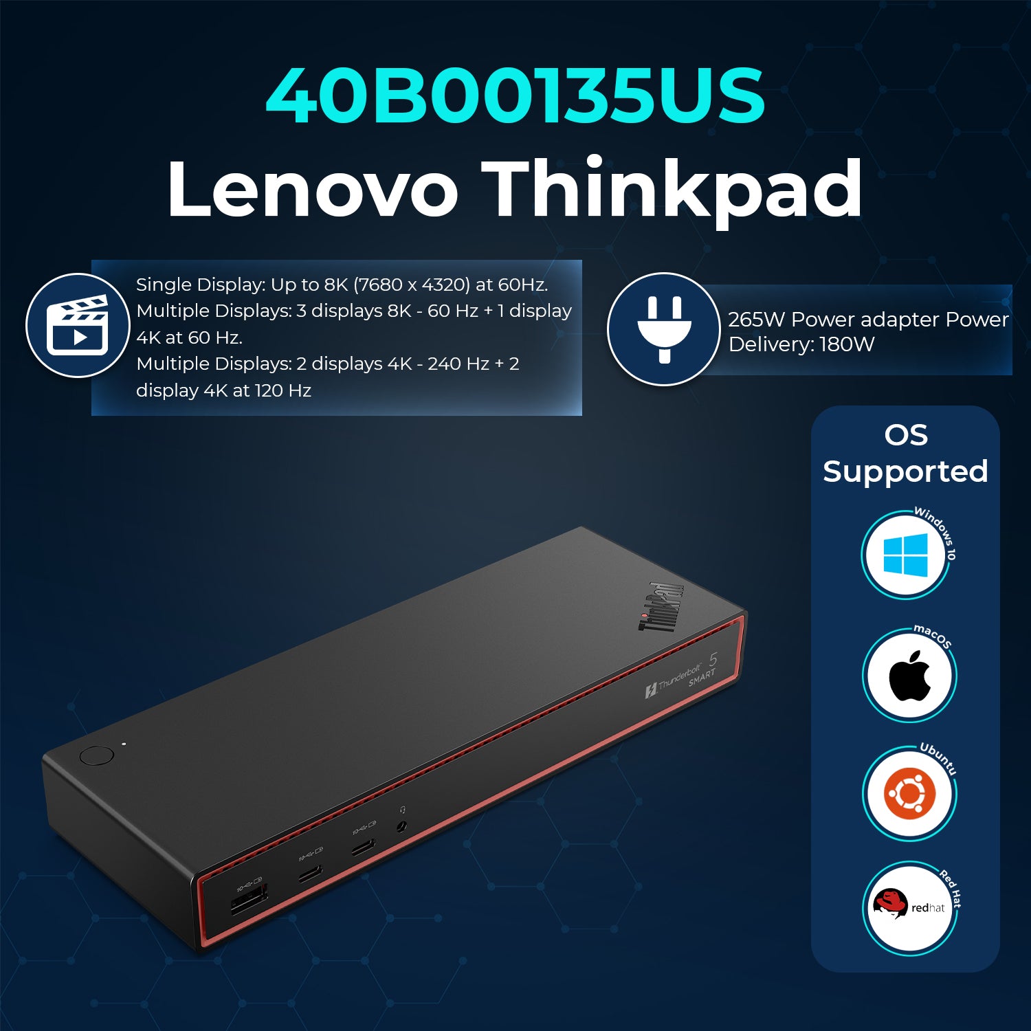 Lenovo 40BA0265US Thunderbolt 4 Docking Station 40Gbps 180W USB Power Delivery with 265W Adapter, HDMI, DisplayPort, Thunderbolt Cables & Cloth - Docking Station
