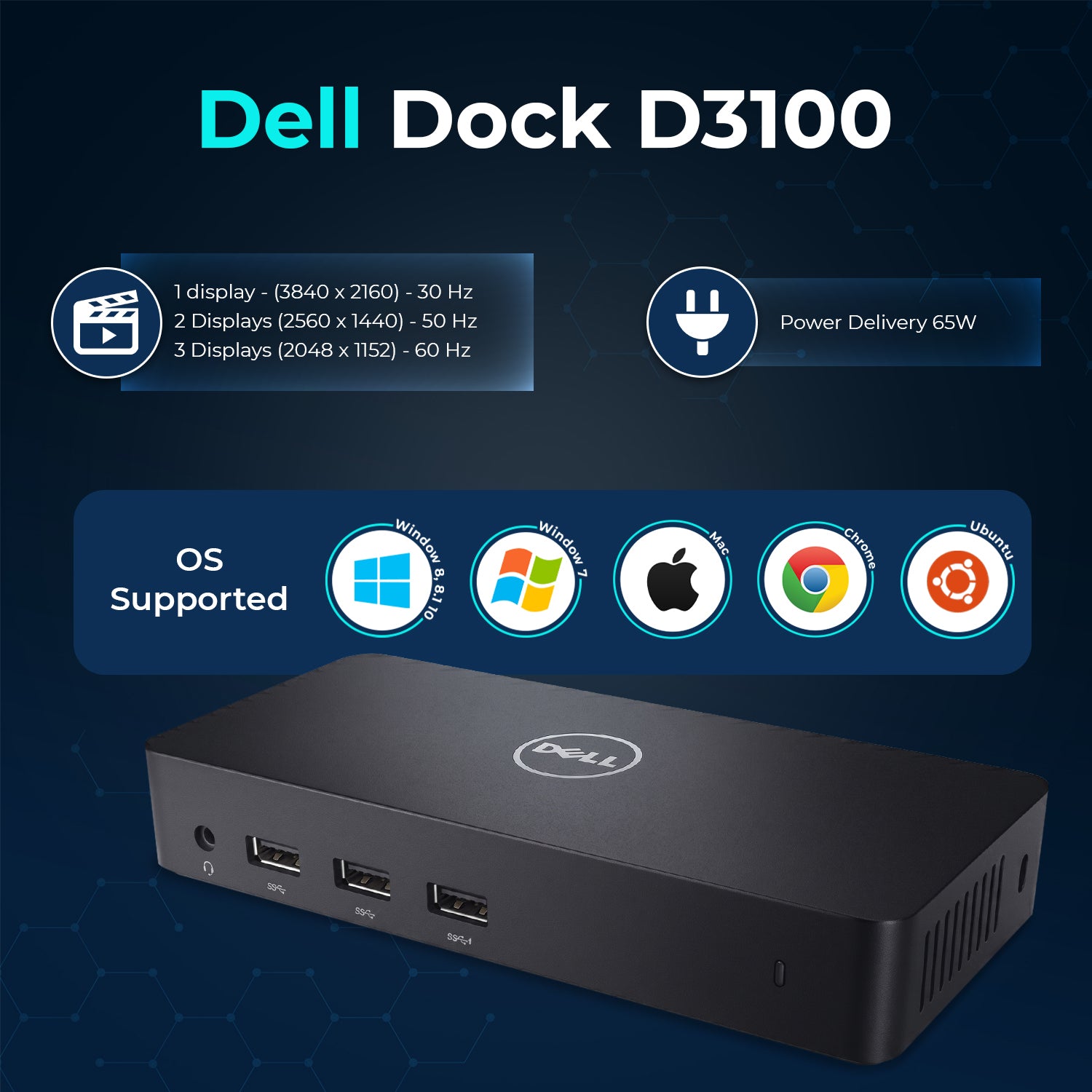 Dell D3100 USB 3.0 Ultra HD/4K Triple Display Docking Station (Renewed) with 65W Adapter, HDMI, DisplayPort & USB 3.0 Cable