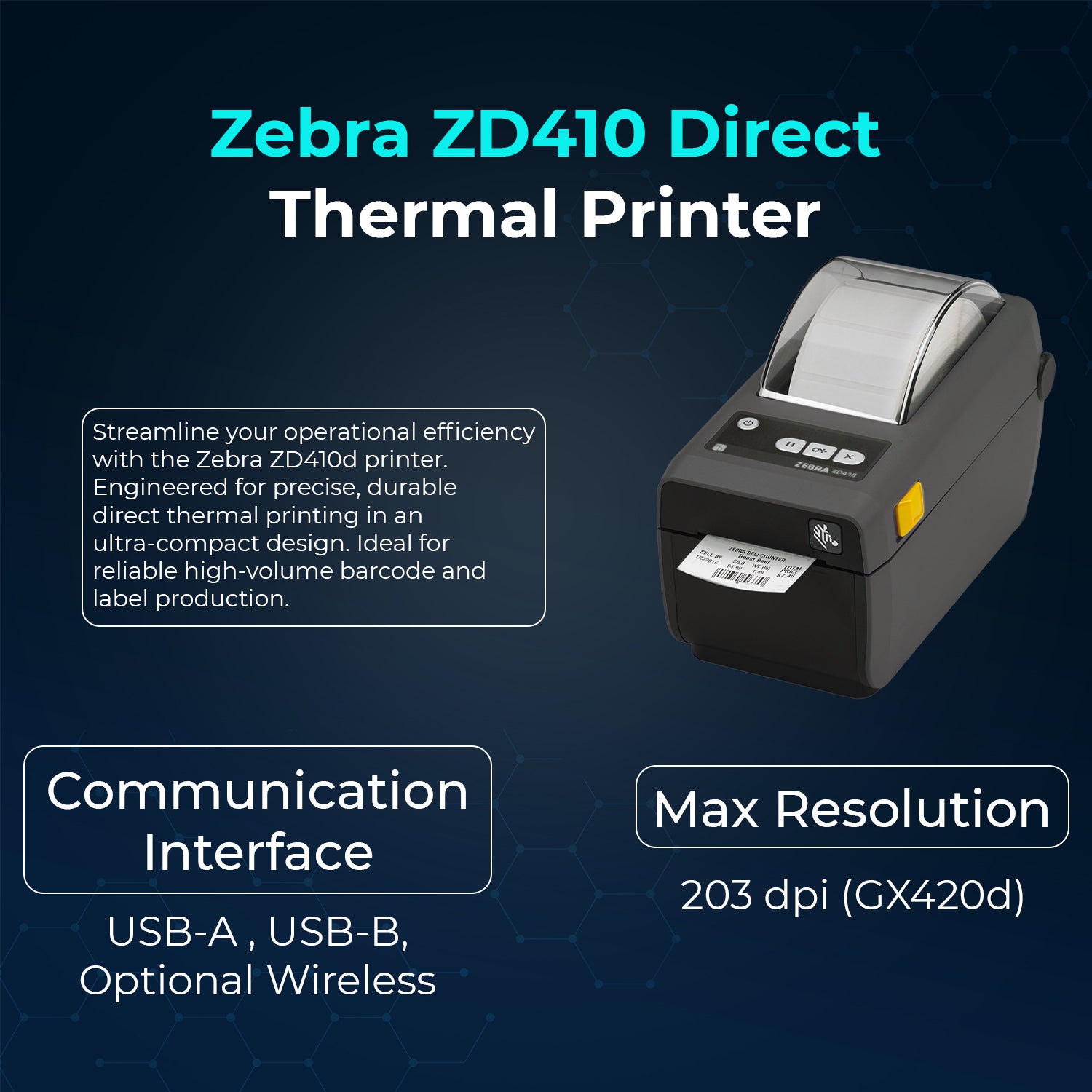 Zebra ZD410 (ZD41022-D01000EZ) Direct Thermal Printer Desktop Monochrome Bundle - USB Connectivity Printer with Power Cable + USB 2.0 Cable + Microfiber Cloth Included (Renewed)