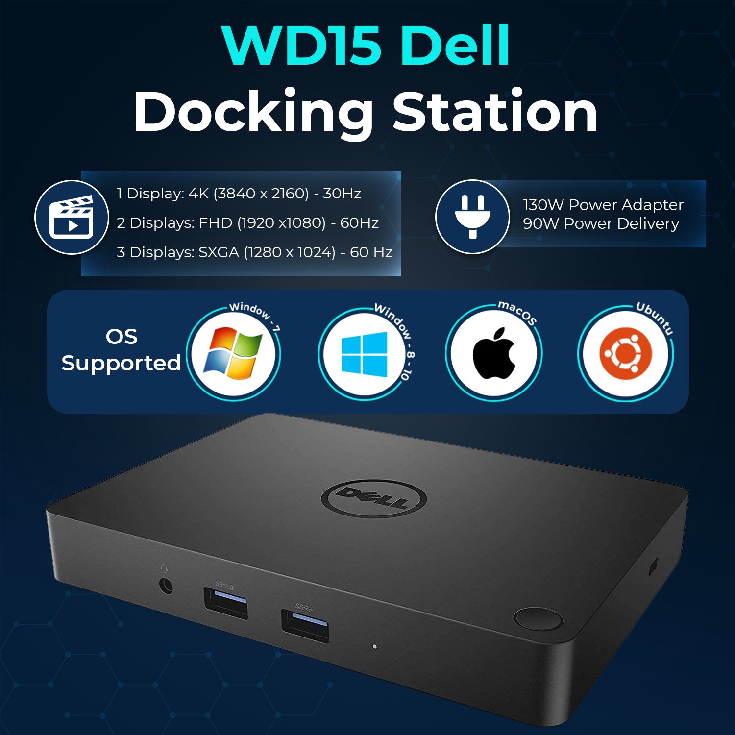 Dell WD15 USB-C Docking Station with HDMI, DisplayPort, Ethernet and USB Ports for Laptops and Multi-Display Setups (refurbished)
