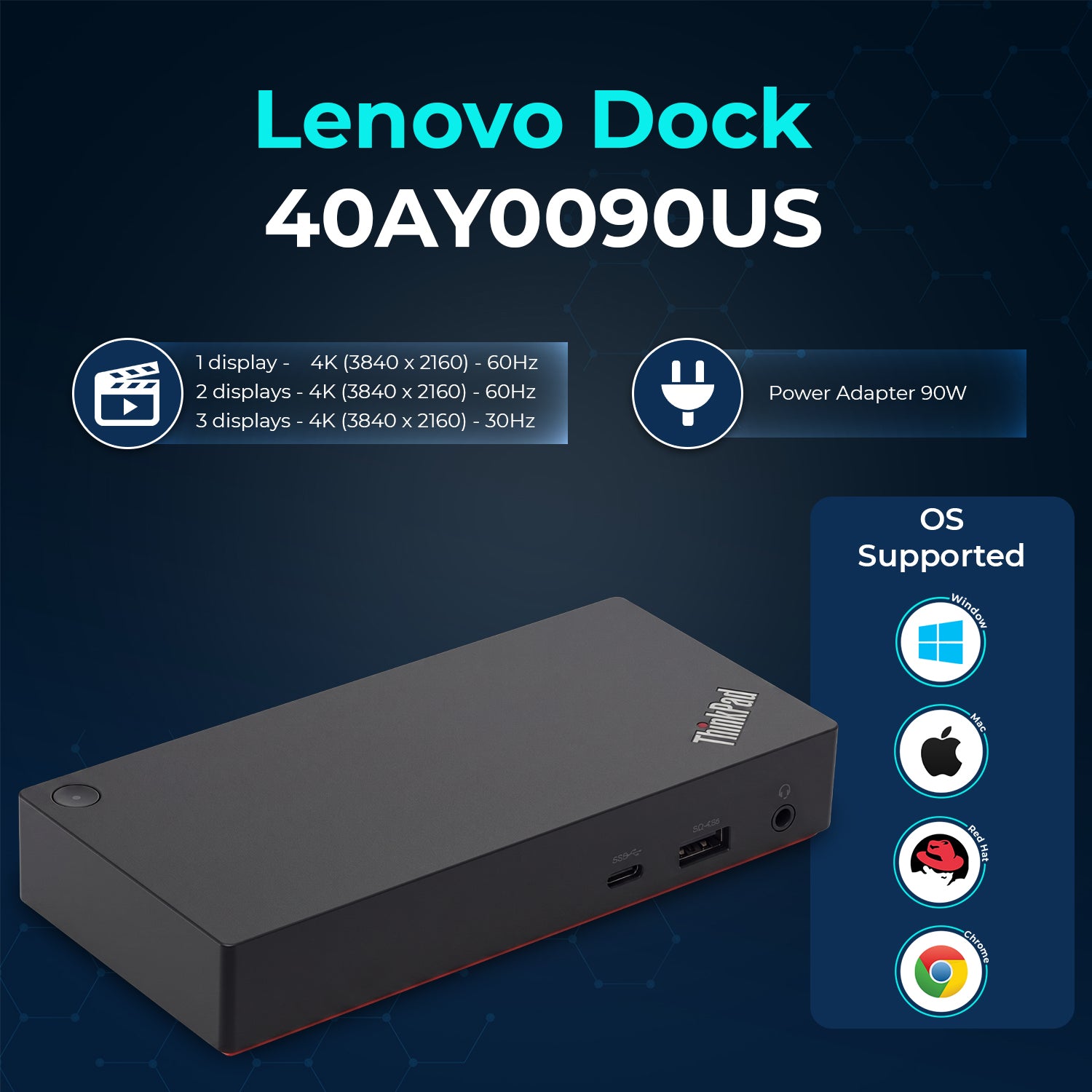 Lenovo ThinkPad Universal USB-C Docking Station 40AY0090US with 90W Adapter, HDMI & DisplayPort Cables for Dual Monitor Support