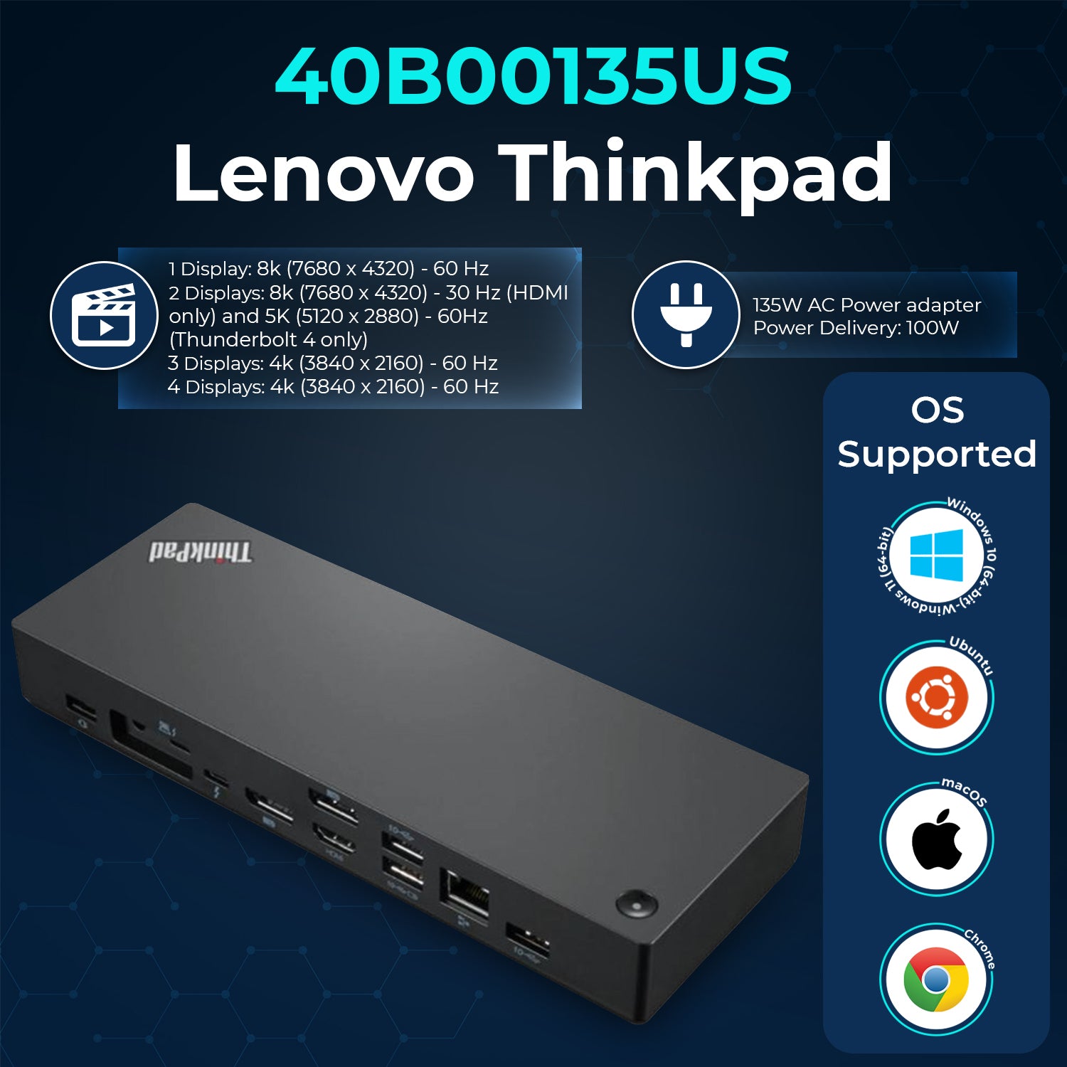 Lenovo 40B00135US Docking Station Thunderbolt 4 Dock - Universal Laptop Docking Stations with 135W Power Adapter + HDMI Cable + DisplayPort Cable + Thunderbolt Cable + Microfiber Cloth
