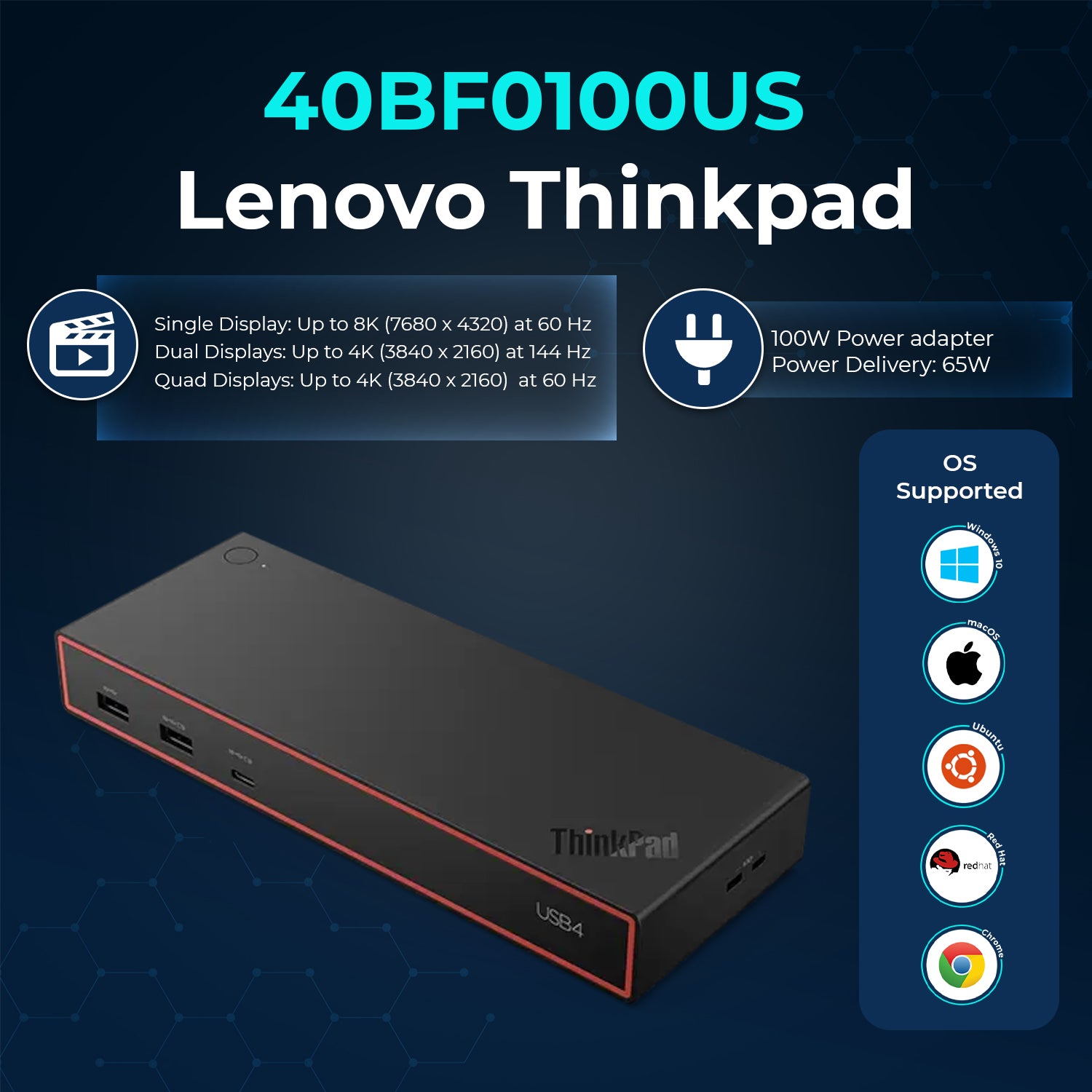 Lenovo 40BF0100US USB4 Docking Station for Laptops with 100W Adapter, HDMI, DisplayPort, USB C Cables & Cloth- Docking Station