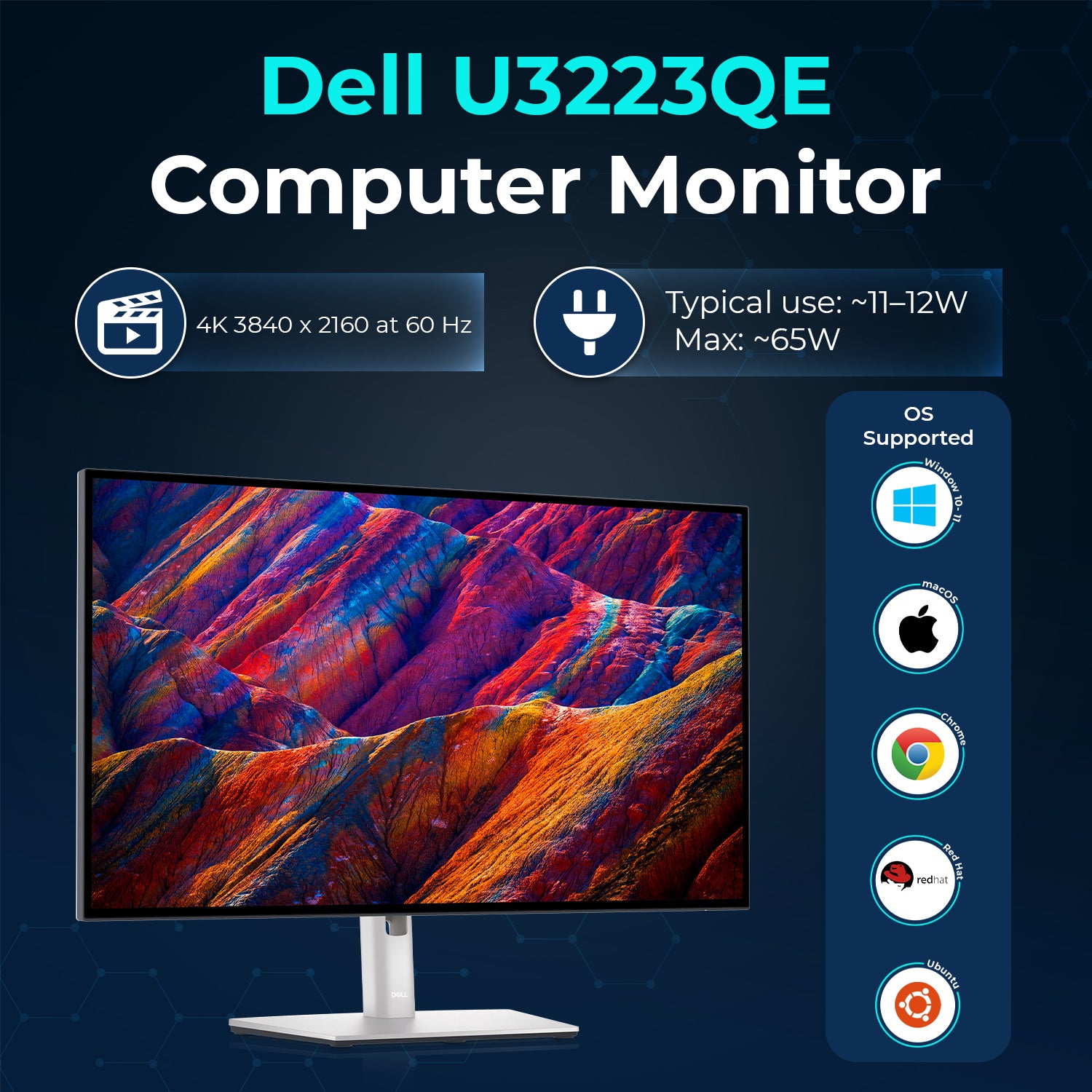 Dell UltraSharp U3223QE 32-Inch 4K UHD Monitor Bundle - 16:9 WLED LCD With Power Cord, USB Cables, DisplayPort Cable, HDMI Cable and Microfiber Cloth