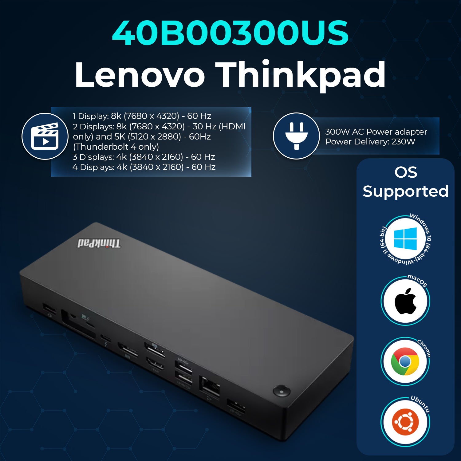 Lenovo Universal Thunderbolt 4 Dock 40B00300US with 300W Adapter, HDMI, DisplayPort, USB‑C & Ethernet Connectivity for Multiple Displays
