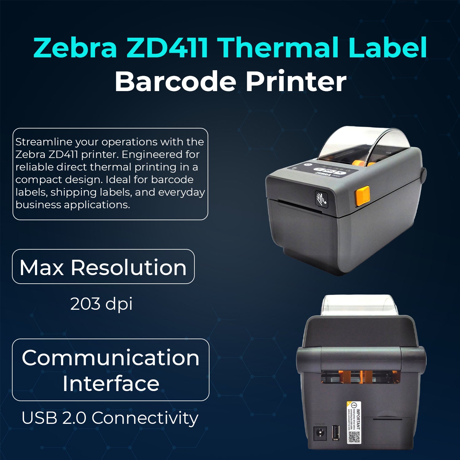 Zebra Label Printer ZD411 (ZD410 Replacement) ZD4A022-D01M00EZ - Direct Thermal Printer, USB Host, Includes 2.25" X 1.25" Thermal Roll + Power Adapter + USB 2.0 Cable + Microfiber Cloth