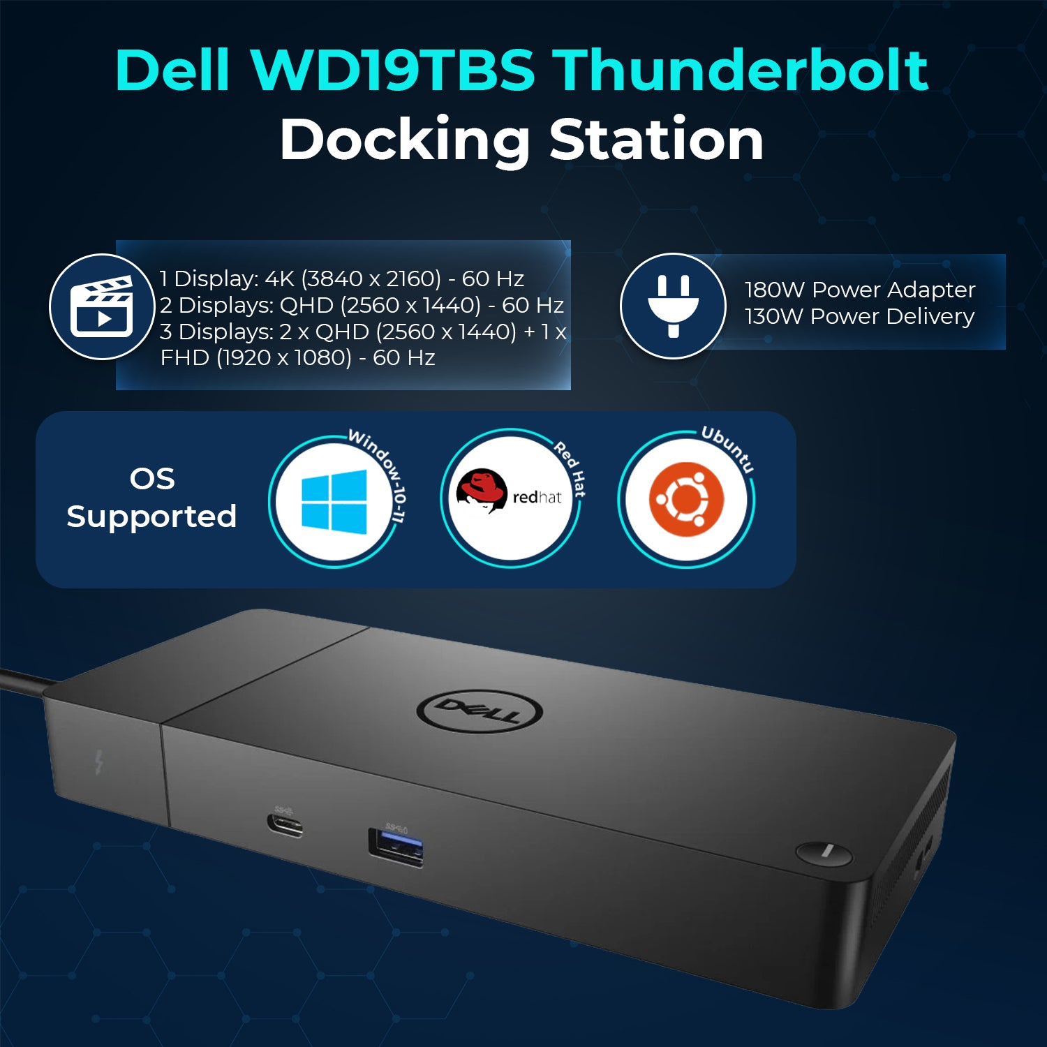 Dell WD19TBS USB-C Thunderbolt Docking Station with 180W Adapter, HDMI, DisplayPort, Ethernet & USB Connectivity