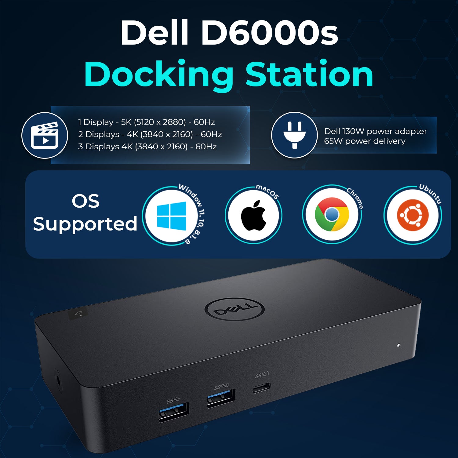 Dell D6000S Universal Docking Station - USB-C/USB-A Dock with 130W Adapter, HDMI, DisplayPort, USB-C Cables - Supports 4K Display (Renewed)