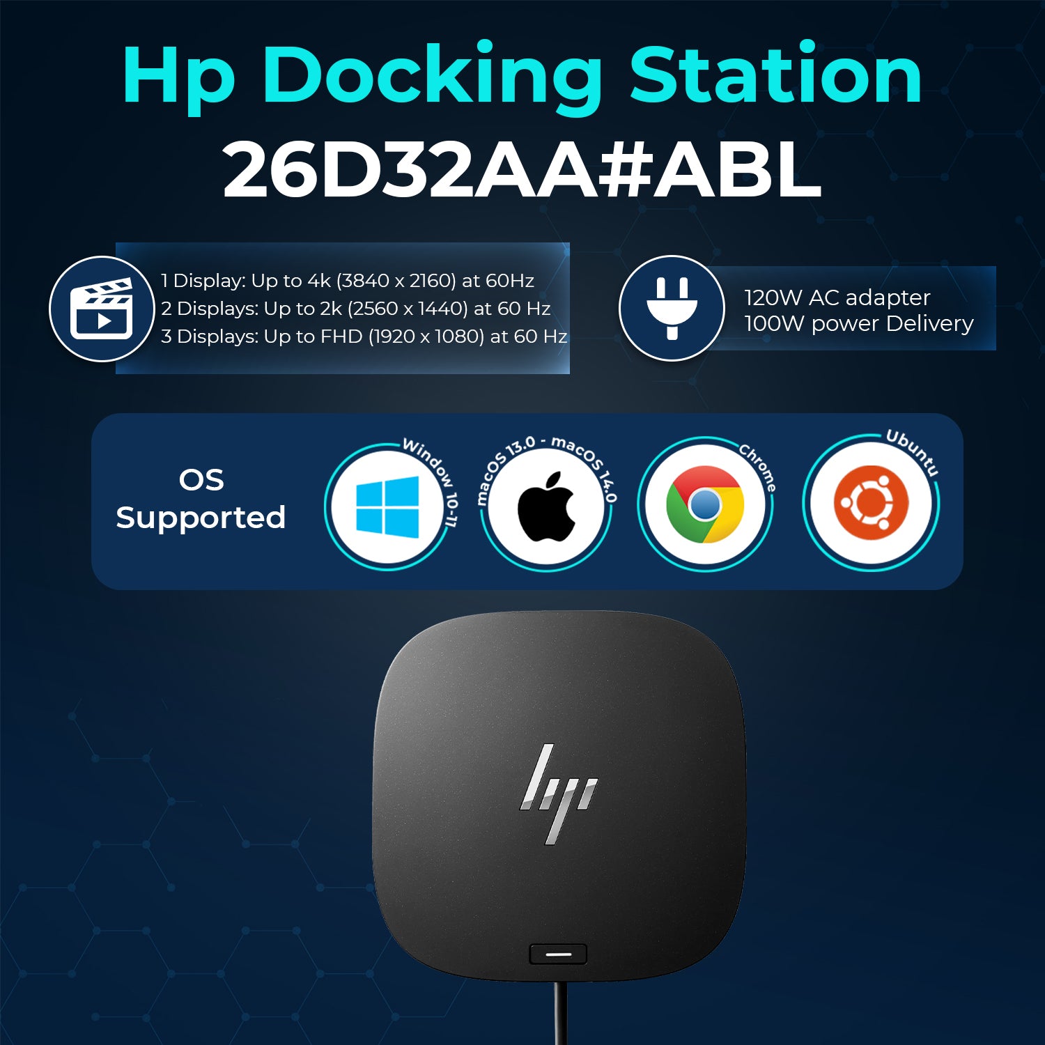 HP 26D32AA#ABL Docking Station G5 USB‑C Universal Dock (Renewed) with 120W Adapter, HDMI, DisplayPort, USB Ports & Ethernet