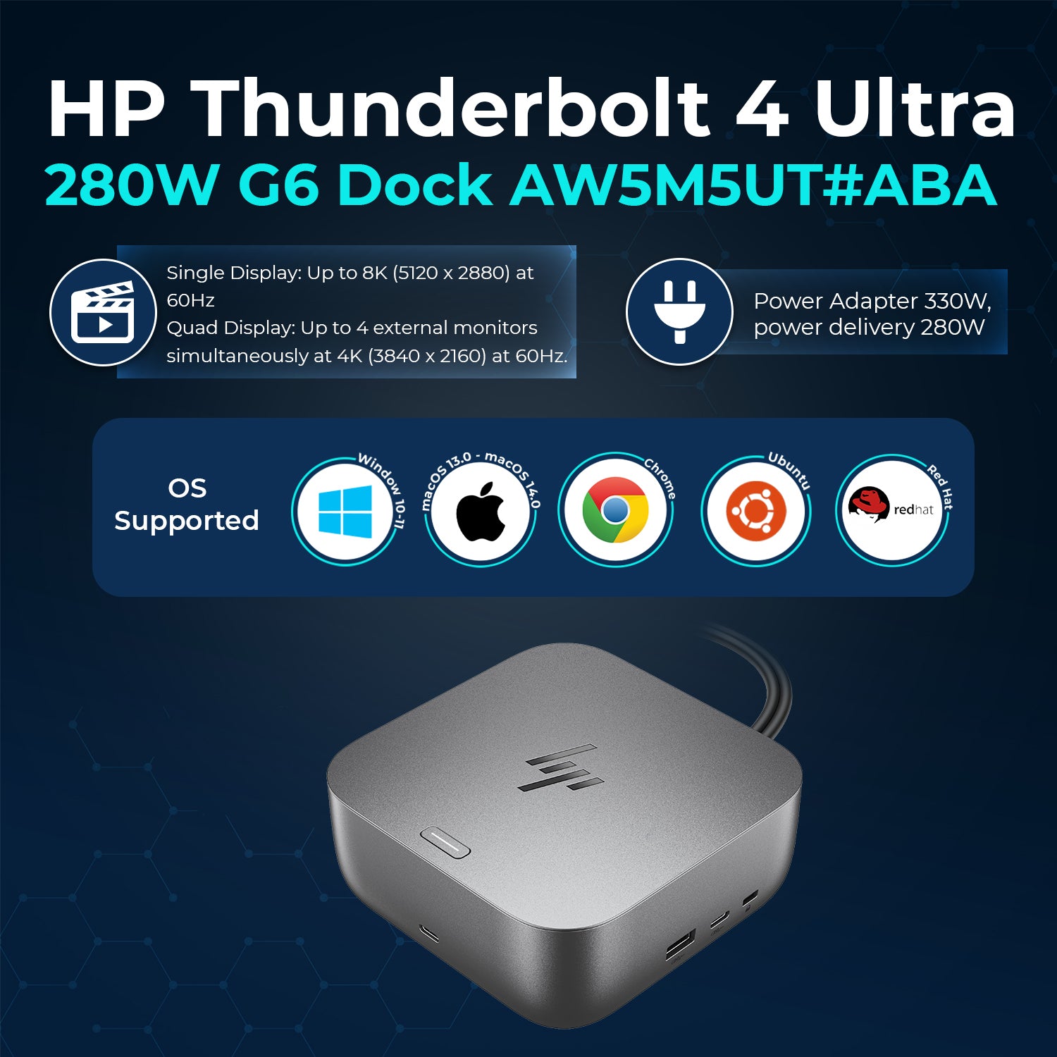 HP Thunderbolt 4 Ultra 280W G6 Docking Station, 330W, Quad Display Support, Includes USB-C Cable, HDMI Cable, DisplayPort Cable & Cleaning Cloth