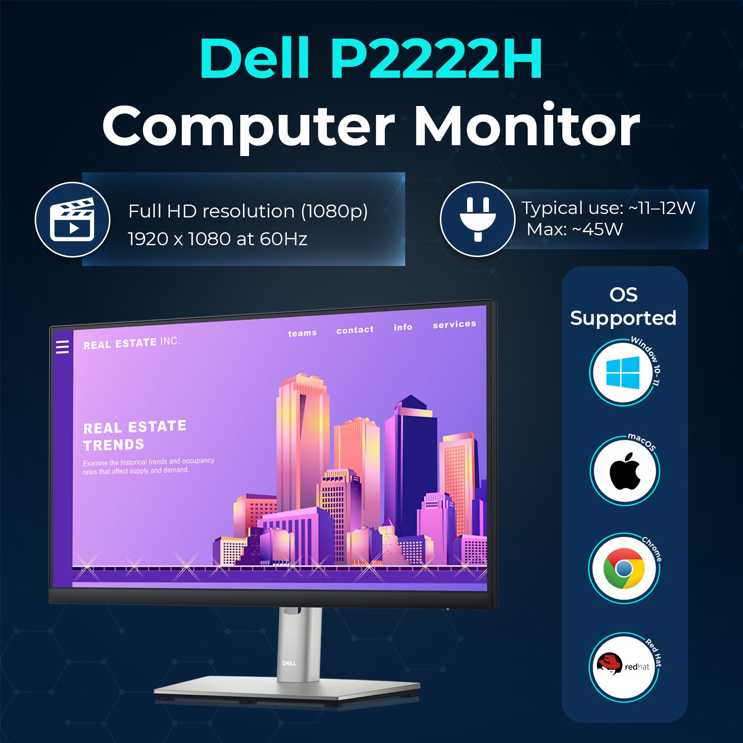 Dell P2222H 22" 1920 x 1080 Full HD 16:9 IPS Display - Computer Monitor Screen Bundle with Power Cord + USB 3.0 Upstream Cable + Display Port Cable + HDMI Cable + Microfiber Cloth - New Model