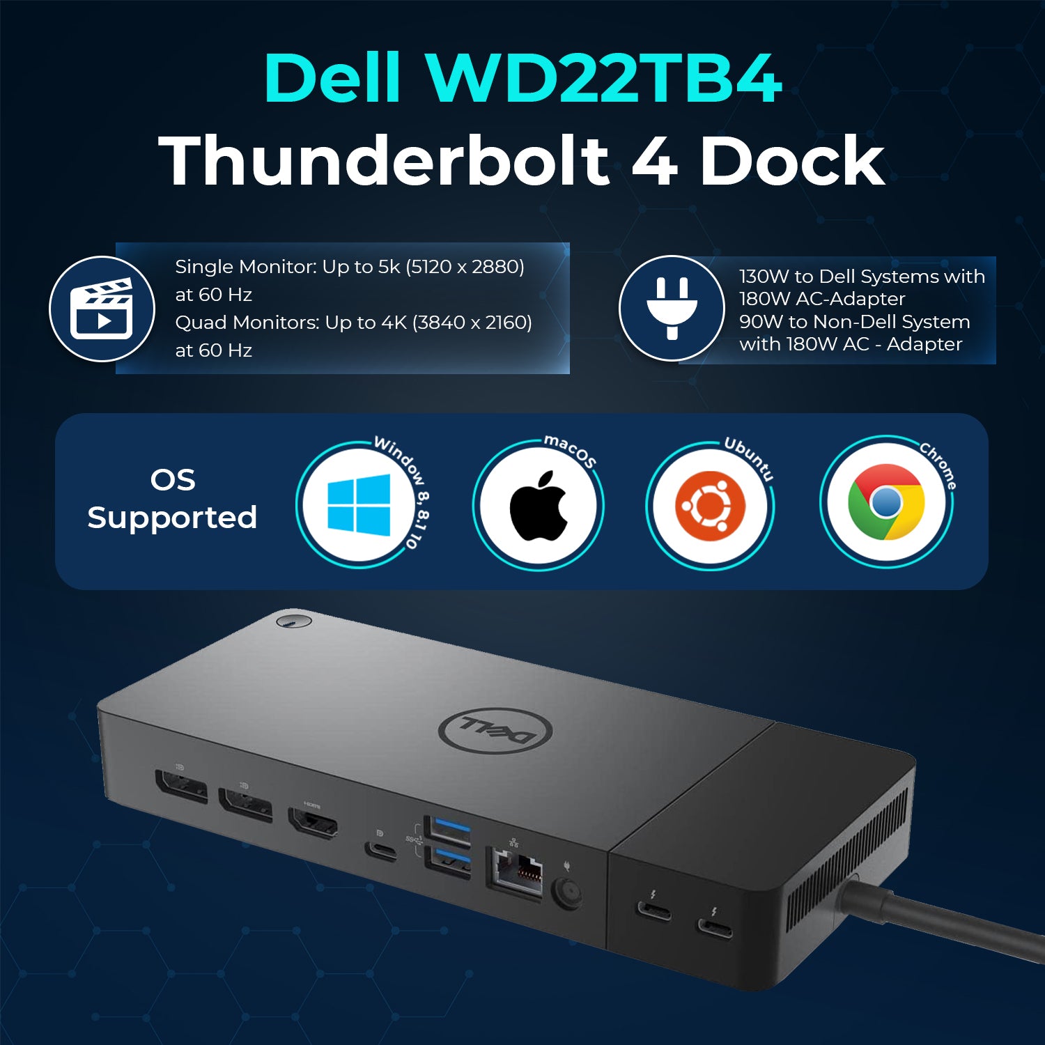 Dell WD22TB4 Thunderbolt 4 Dock Bundle - 40Gbps USB-C/USB-A, 3 Year Warranty with 180W Adapter, Anyhdd HDMI, DP, USB-C Cable & Cloth - Docking Station, Supports Dual/Triple Monitors & 4k Display