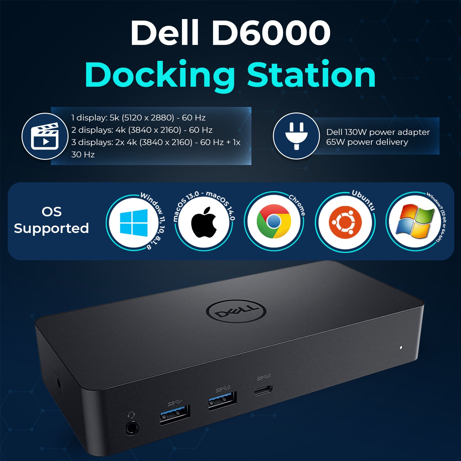 Dell D6000 Universal USB‑C Docking Station (Renewed) with 130W Power Adapter, HDMI, DisplayPort, USB and Ethernet Connectivity